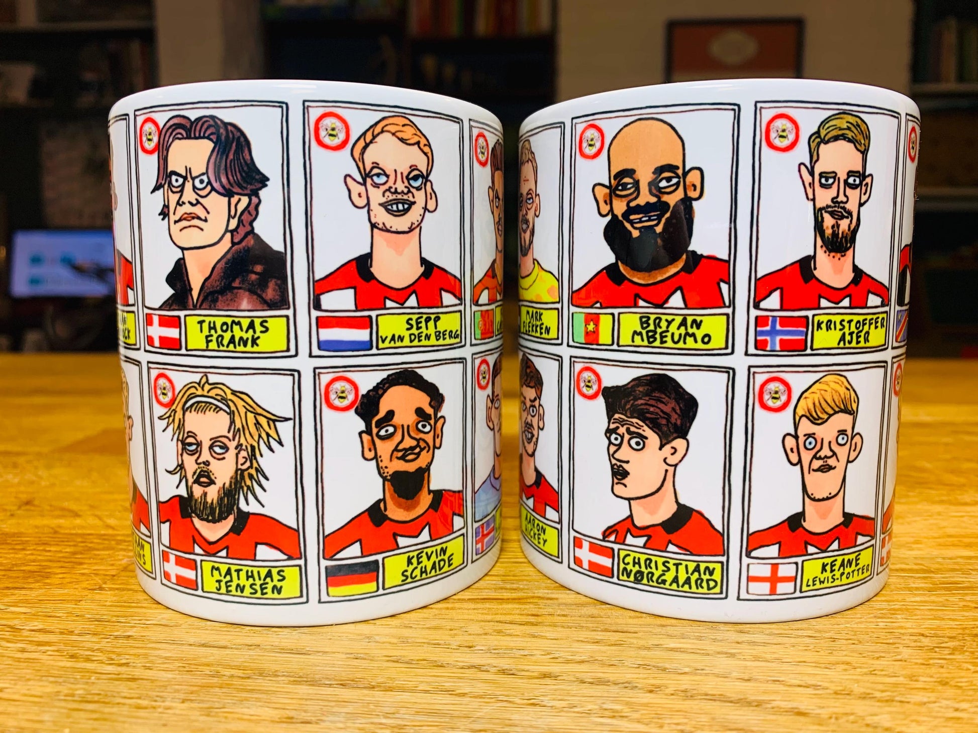 Brentford Vol 3 No Score Draws Mug Set - Set of TWO DIFFERENT 11oz Ceramic Mugs with Wonky Panini-Style Doodles Of Thomas Frank's 24/25 Team