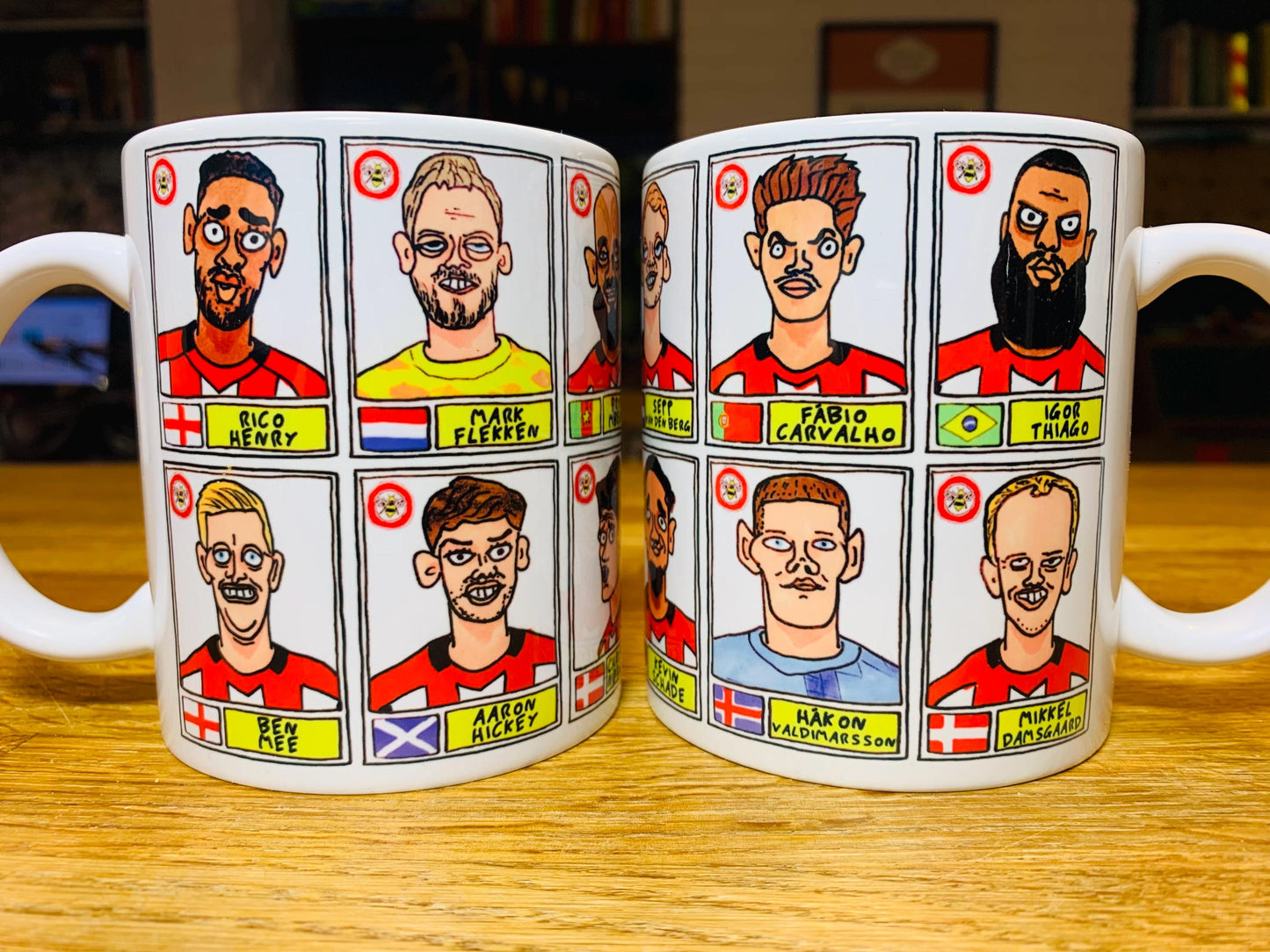 Brentford Vol 3 No Score Draws Mug Set - Set of TWO DIFFERENT 11oz Ceramic Mugs with Wonky Panini-Style Doodles Of Thomas Frank's 24/25 Team