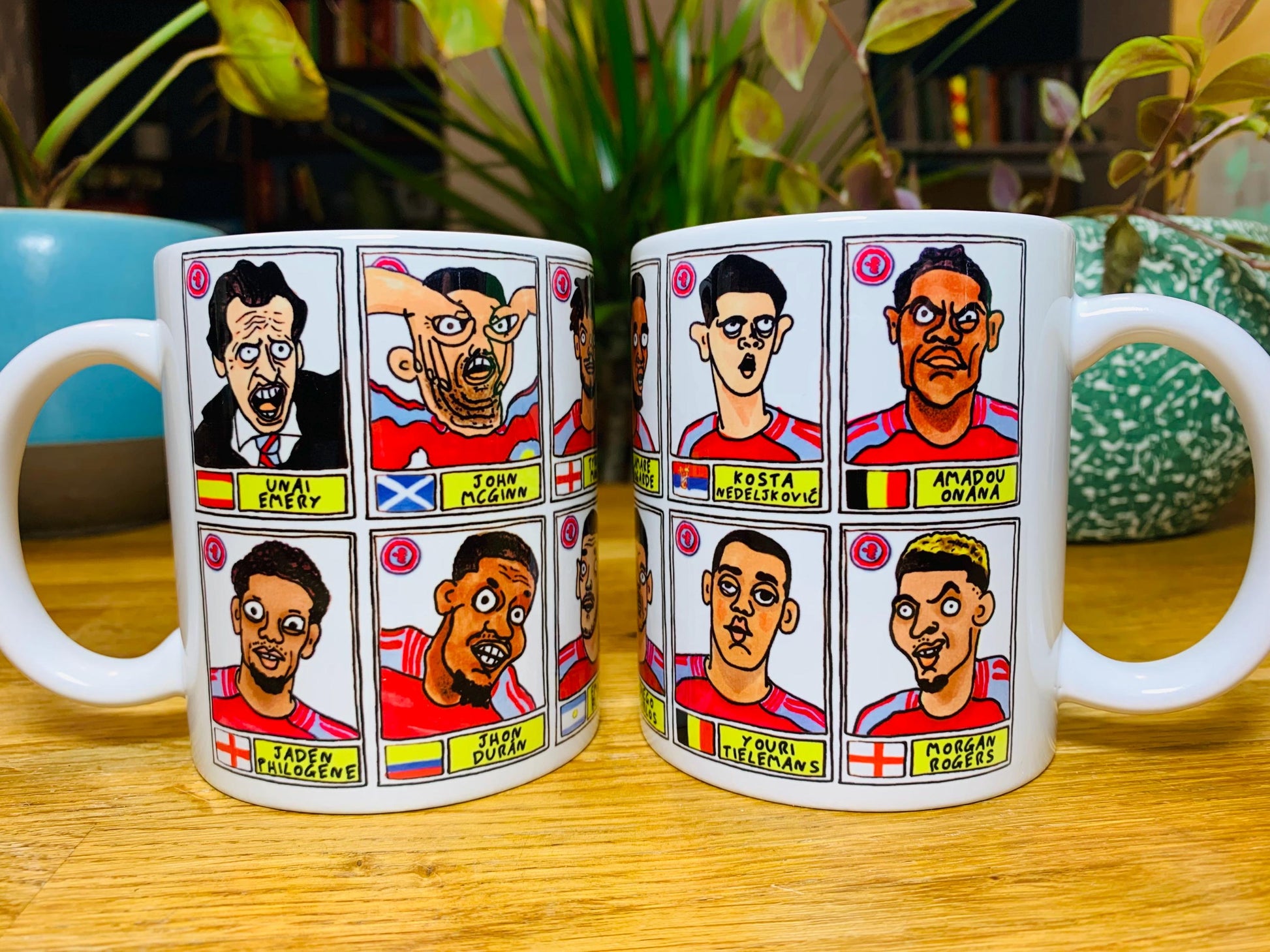 Aston Villa Volume 2 No Score Draws Mug Set - Set of TWO DIFFERENT 11oz Ceramic Mugs with Wonky Panini sticker-style AVFC Villains Football Doodles