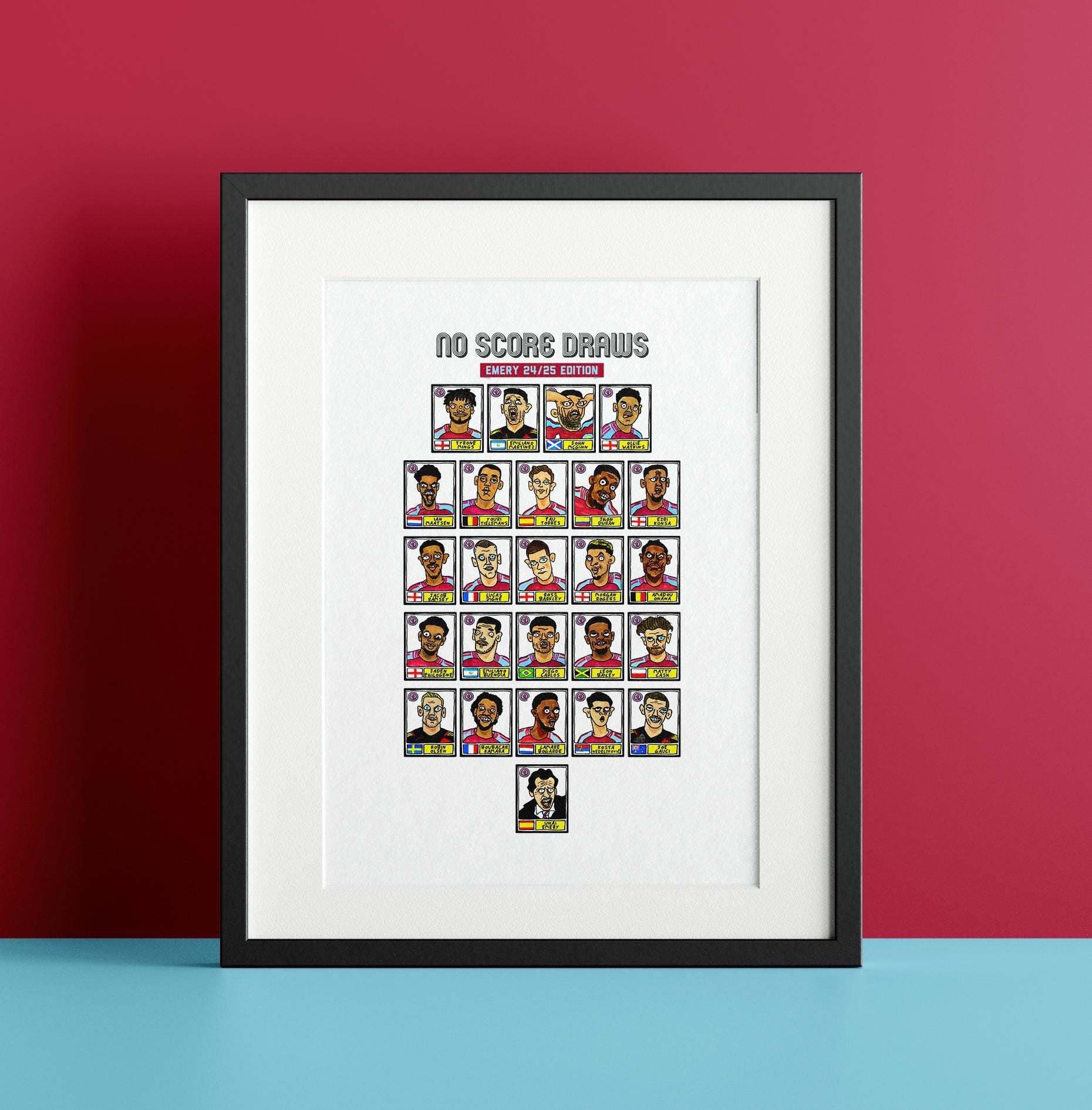 Aston Villa Volume 2 - No Score Draws Emery Edition - A3 print of 25 Wonky Panini-style football doodles of Unai Emery's 23-24 AVFC Side