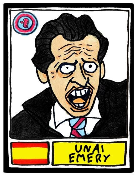 Aston Villa Volume 2 - No Score Draws Emery Edition - A3 print of 25 Wonky Panini-style football doodles of Unai Emery's 23-24 AVFC Side