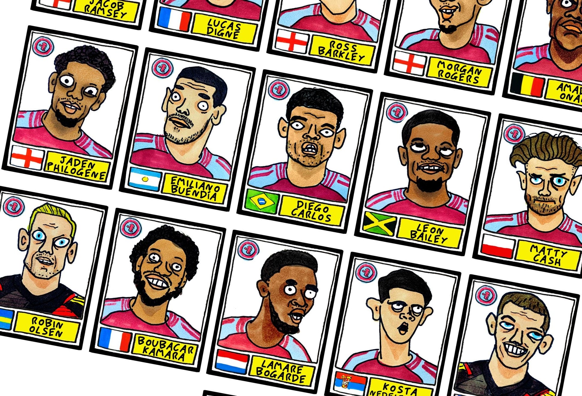 Aston Villa Volume 2 - No Score Draws Emery Edition - A3 print of 25 Wonky Panini-style football doodles of Unai Emery's 23-24 AVFC Side