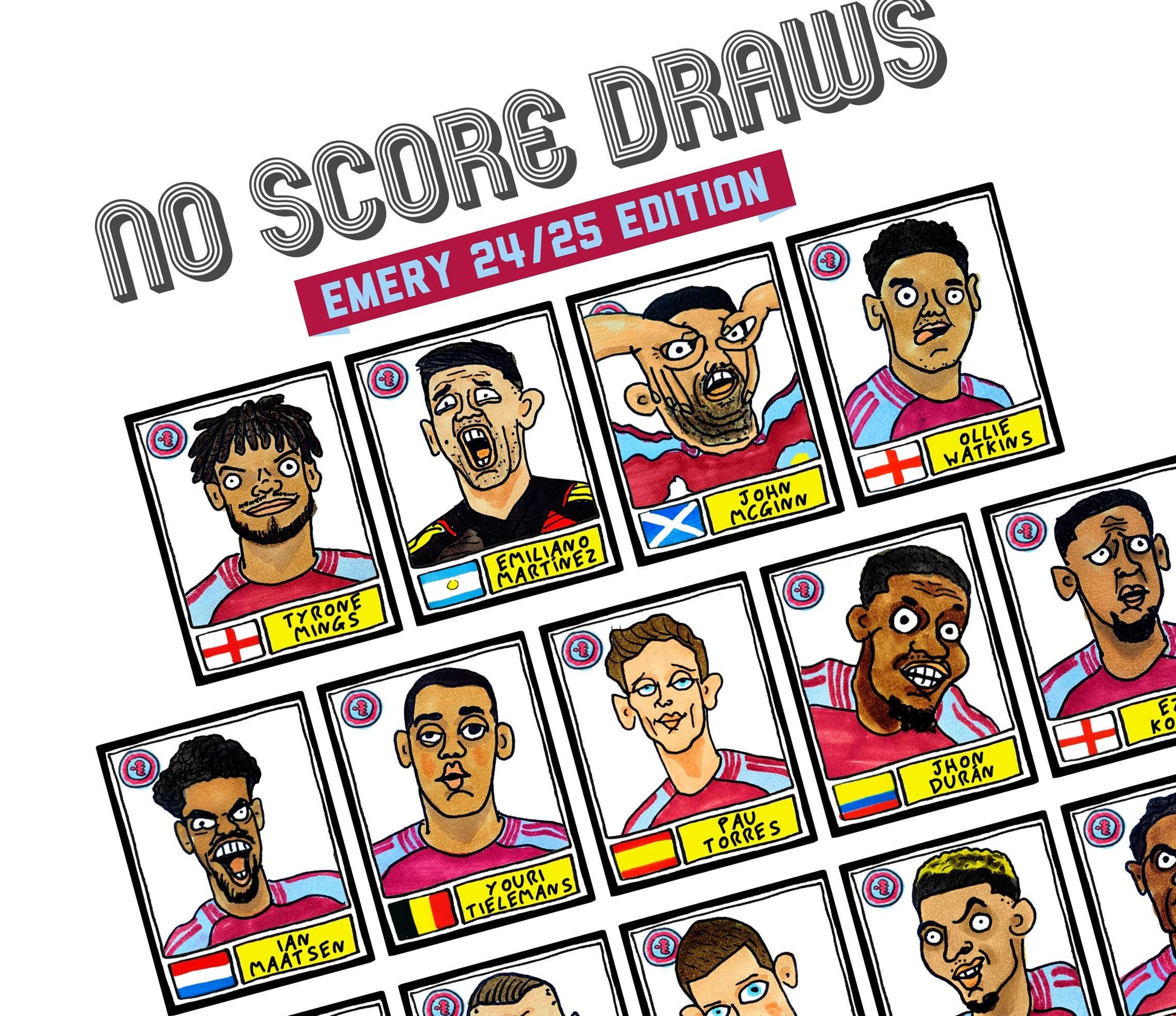 Aston Villa Volume 2 - No Score Draws Emery Edition - A3 print of 25 Wonky Panini-style football doodles of Unai Emery's 23-24 AVFC Side