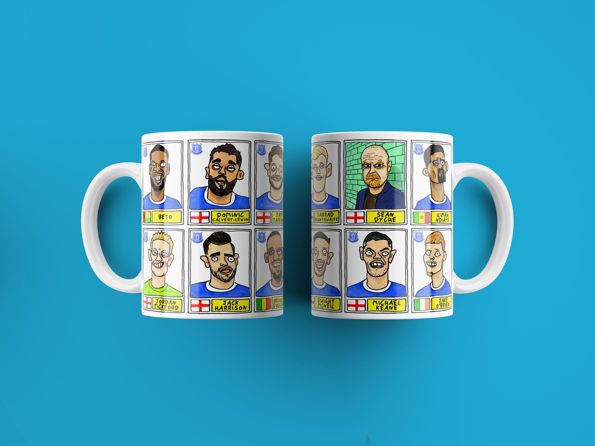 Everton Vol 2 No Score Draws Mug Set - Set of TWO DIFFERENT 11oz Mugs with Wonky Panini-Doodles of Sean Dyche's 24/25 Toffees Everton Squad