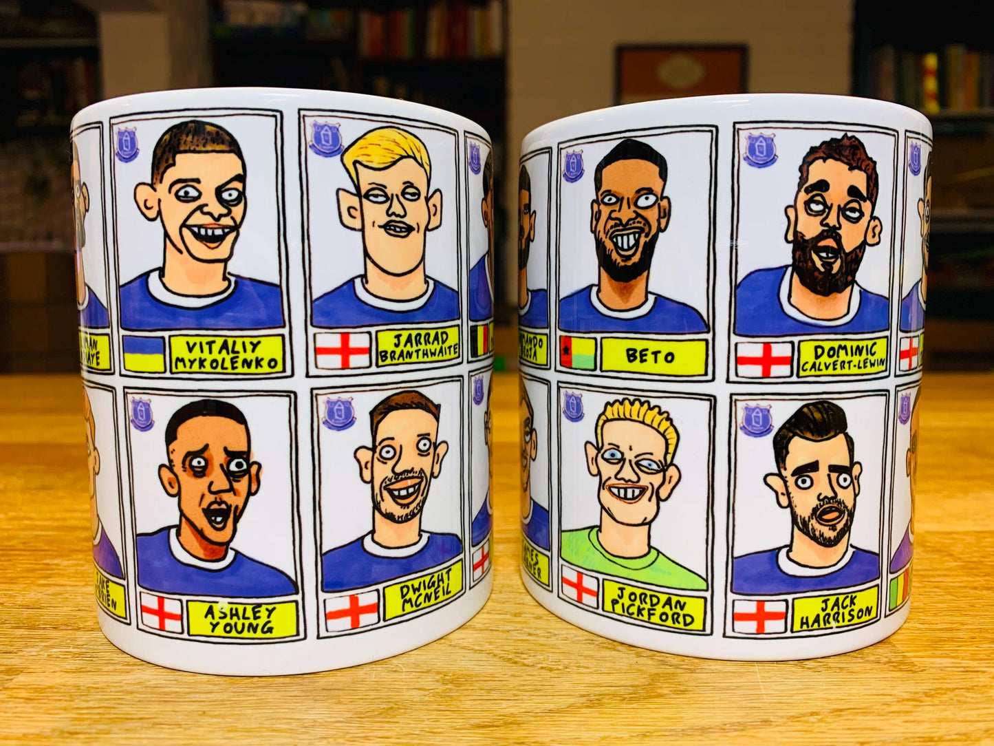 Everton Vol 2 No Score Draws Mug Set - Set of TWO DIFFERENT 11oz Mugs with Wonky Panini-Doodles of Sean Dyche's 24/25 Toffees Everton Squad