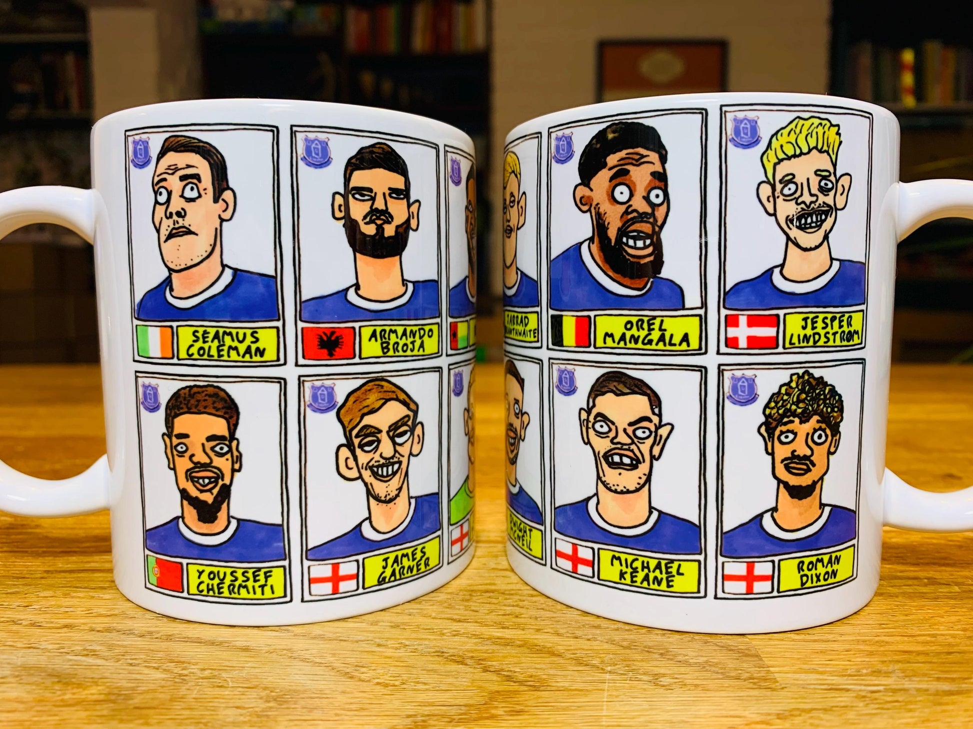 Everton Vol 2 No Score Draws Mug Set - Set of TWO DIFFERENT 11oz Mugs with Wonky Panini-Doodles of Sean Dyche's 24/25 Toffees Everton Squad