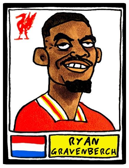 Liverpool Vol 6 - No Score Draws Reds 24-25 Edition - A3 print of 24 hand-drawn Panini-style Doodles of Arne Slot's LFC 24-25 EPL Squad