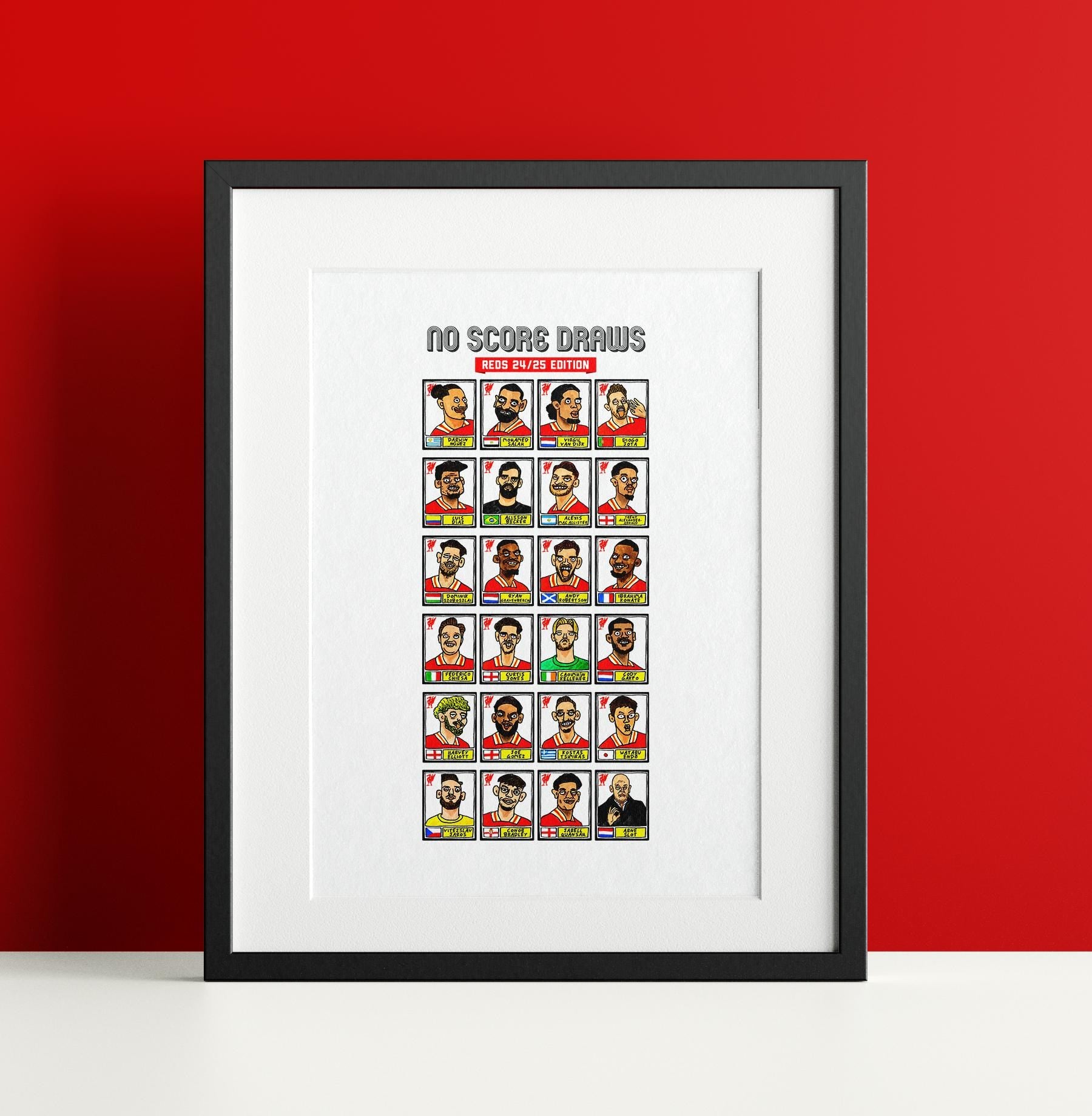 Liverpool Vol 6 - No Score Draws Reds 24-25 Edition - A3 print of 24 hand-drawn Panini-style Doodles of Arne Slot's LFC 24-25 EPL Squad