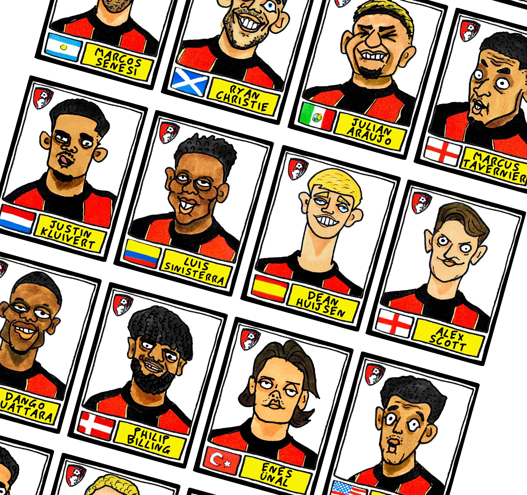 Bournemouth Volume 2 - No Score Draws Cherries 24-25 Edition - A3 print of 24 Wonky Panini-style football doodles of Iraola's AFCB Side