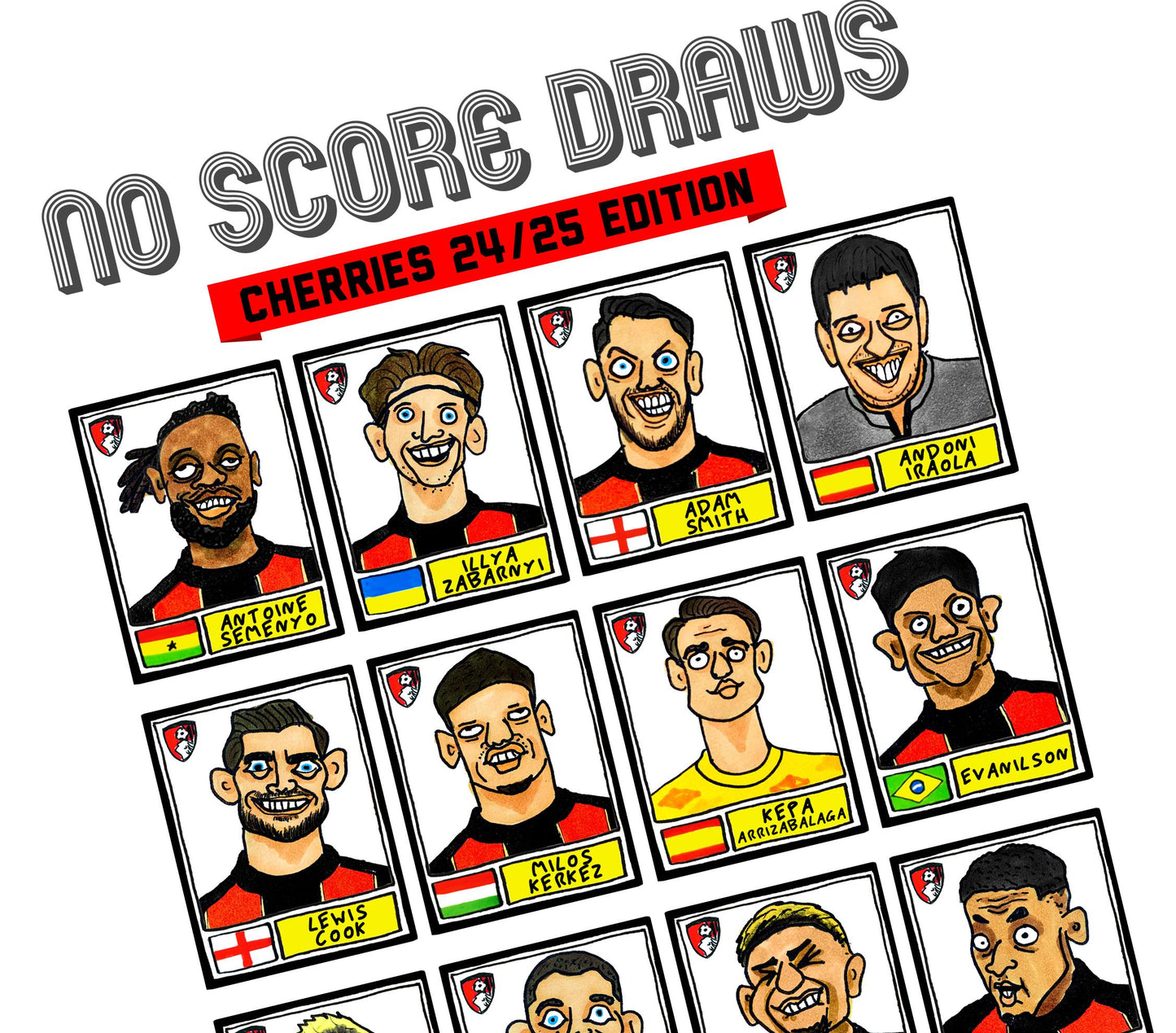 Bournemouth Volume 2 - No Score Draws Cherries 24-25 Edition - A3 print of 24 Wonky Panini-style football doodles of Iraola's AFCB Side