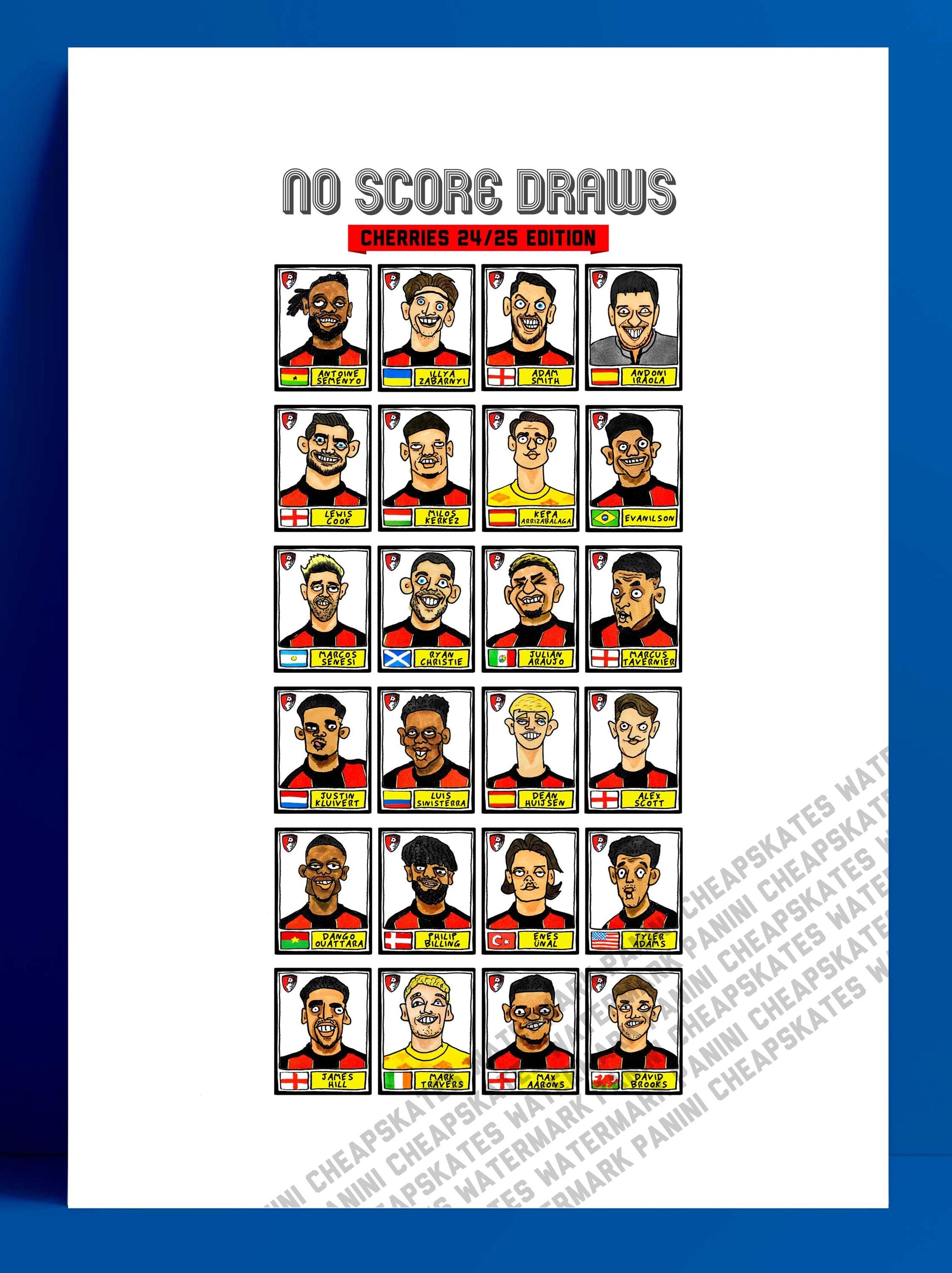 Bournemouth Volume 2 - No Score Draws Cherries 24-25 Edition - A3 print of 24 Wonky Panini-style football doodles of Iraola's AFCB Side