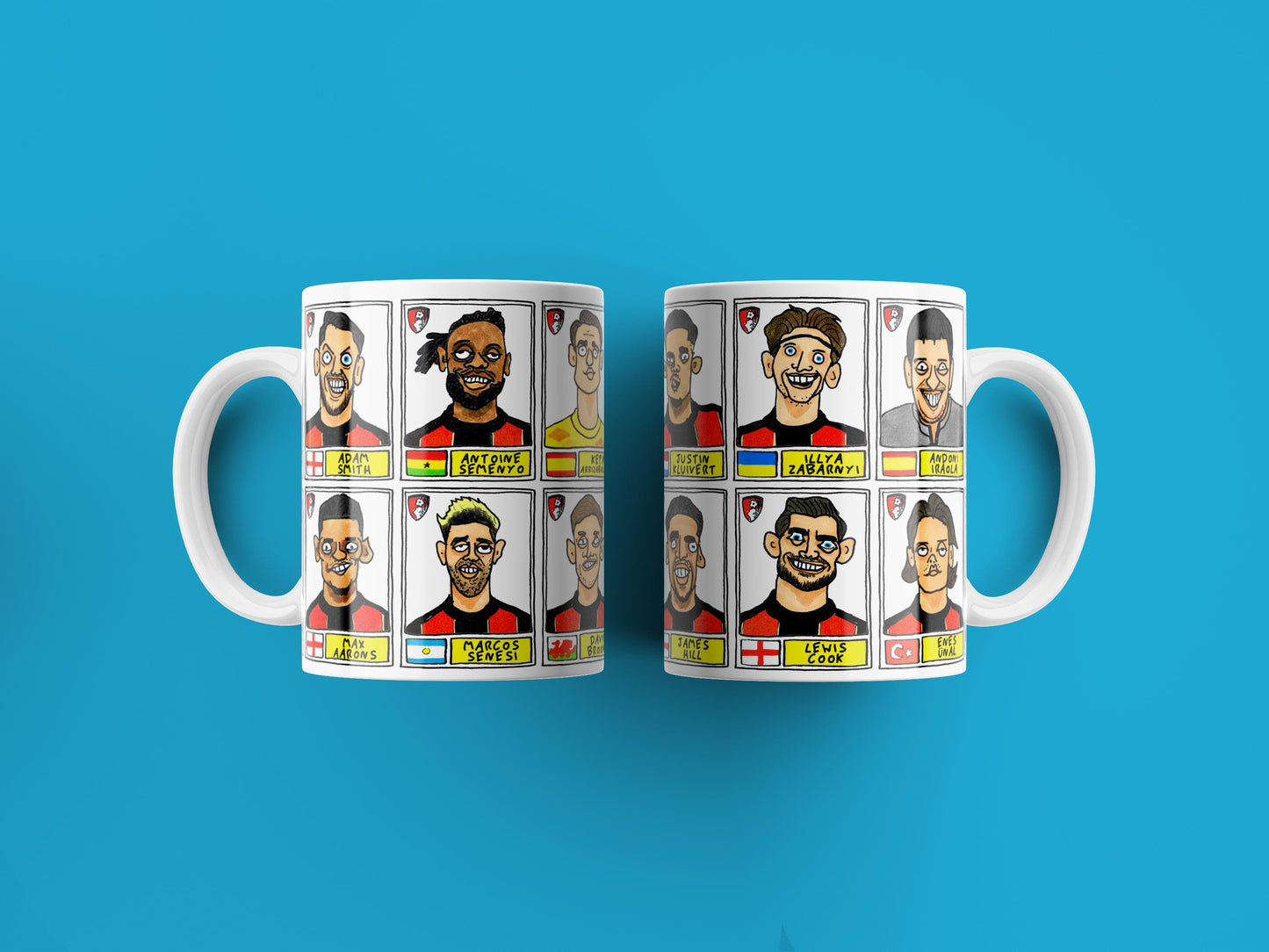 Bournemouth Volume 2 - Cherries 24-25 No Score Draws Mug Set - Set of TWO DIFFERENT 11oz Ceramic Mugs with Wonky Panini-style AFCB Doodles