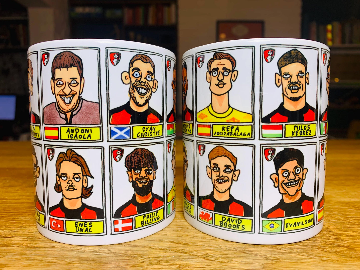 Bournemouth Volume 2 - Cherries 24-25 No Score Draws Mug Set - Set of TWO DIFFERENT 11oz Ceramic Mugs with Wonky Panini-style AFCB Doodles