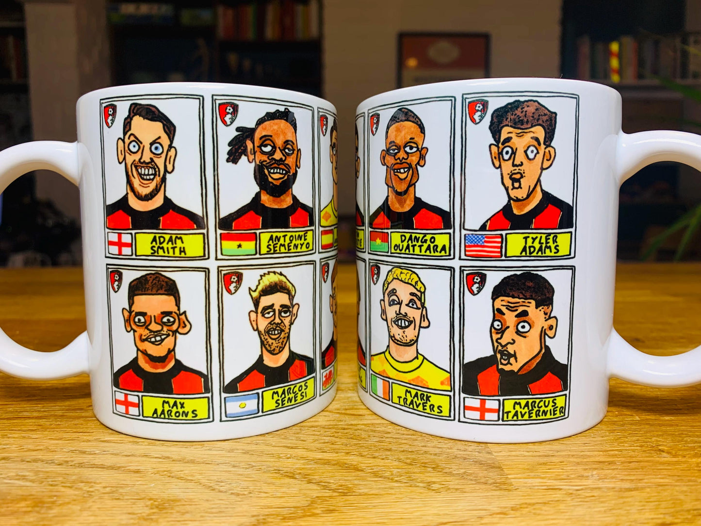 Bournemouth Volume 2 - Cherries 24-25 No Score Draws Mug Set - Set of TWO DIFFERENT 11oz Ceramic Mugs with Wonky Panini-style AFCB Doodles