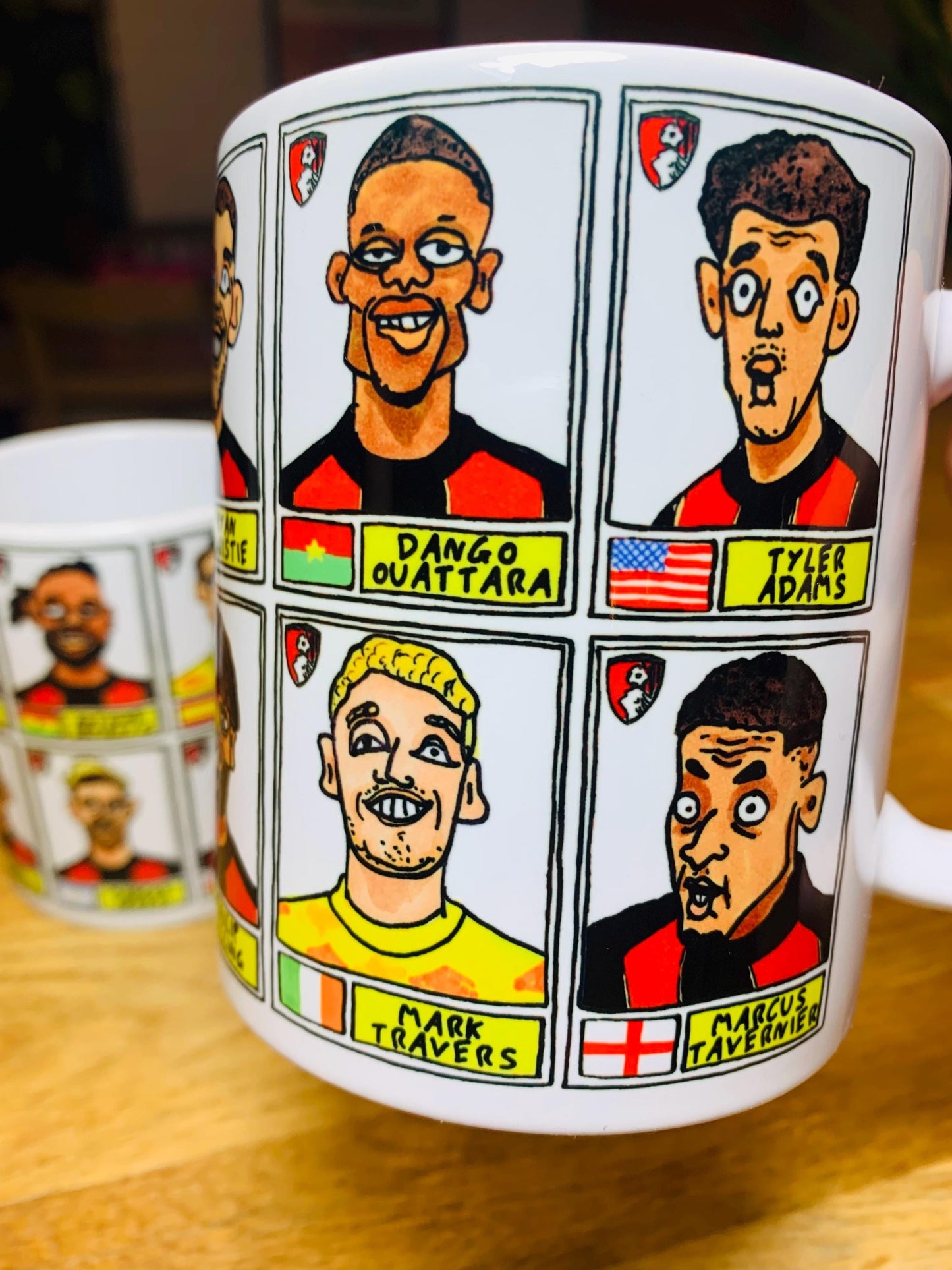 Bournemouth Volume 2 - Cherries 24-25 No Score Draws Mug Set - Set of TWO DIFFERENT 11oz Ceramic Mugs with Wonky Panini-style AFCB Doodles