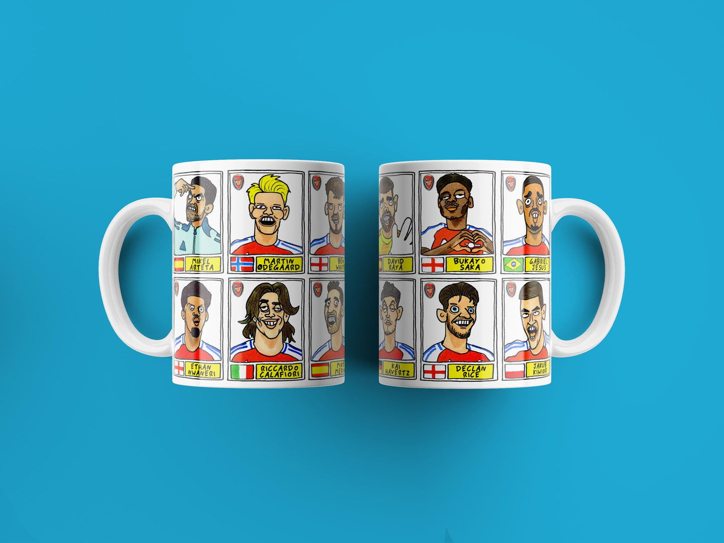 Arsenal Vol 4 No Score Draws Mug Set - Set of TWO DIFFERENT 11oz Mugs with Wonky Panini-doodles of AFC's 24/25 Premier League Squad Gunners