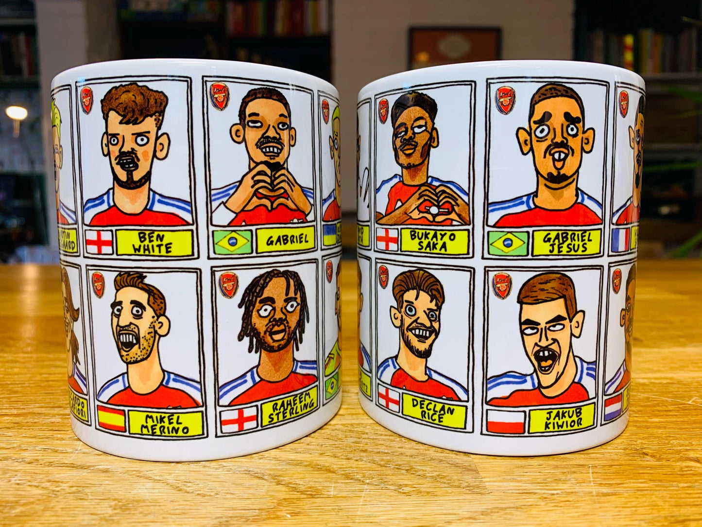 Arsenal Vol 4 No Score Draws Mug Set - Set of TWO DIFFERENT 11oz Mugs with Wonky Panini-doodles of AFC's 24/25 Premier League Squad Gunners