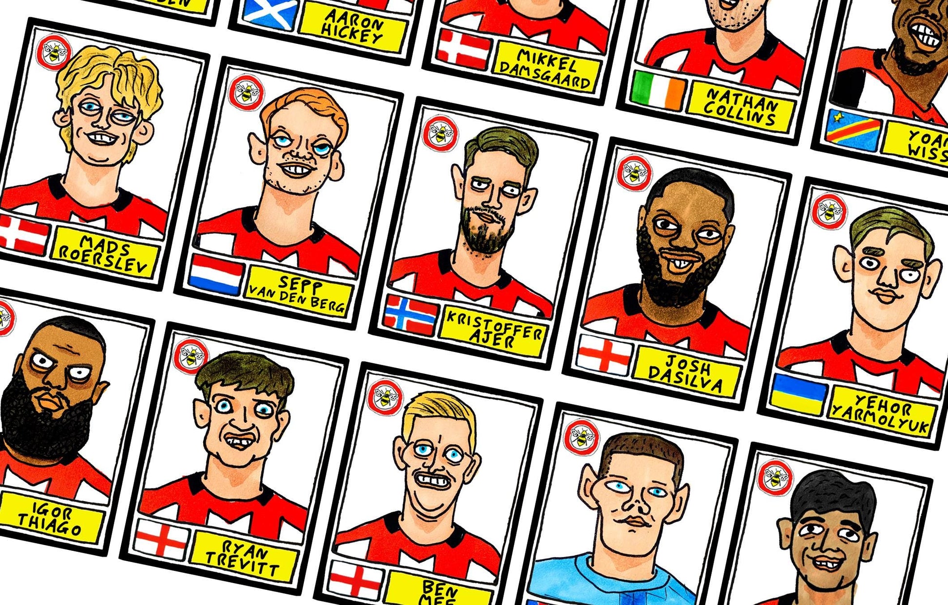 Brentford Vol 3 - No Score Draws Bees 24/25 Edition - A3 print of 25 hand-drawn Panini-style Doodles Of Thomas Frank's Brentford 24/25 Squad