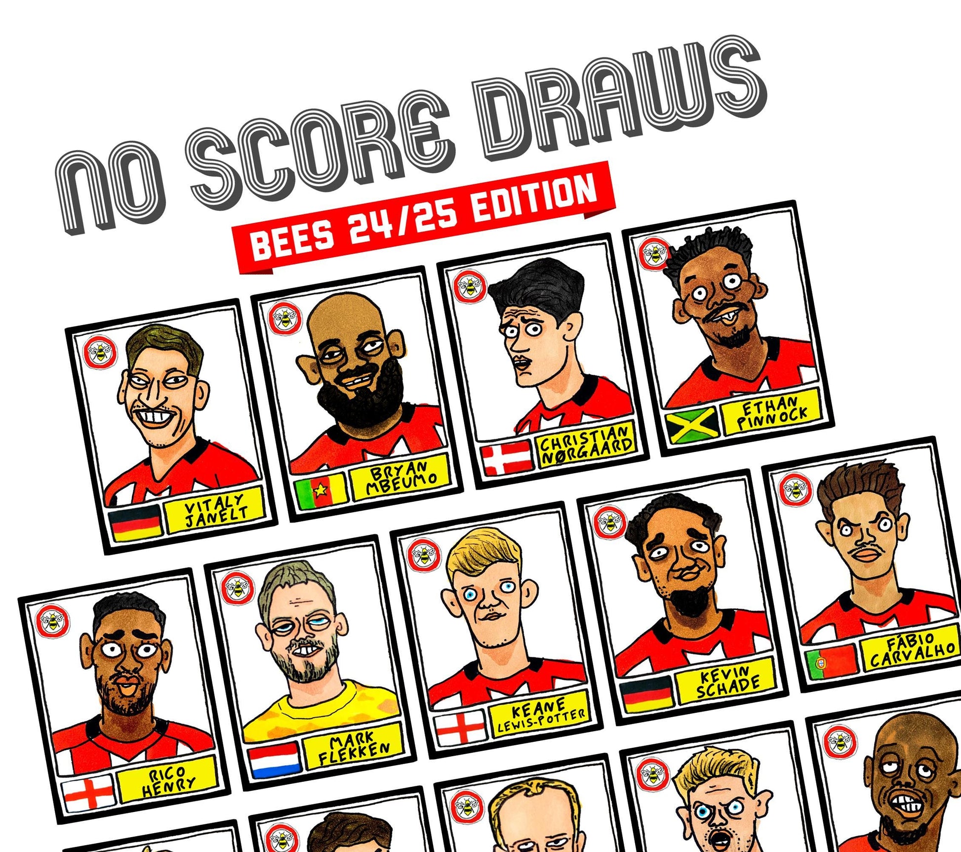 Brentford Vol 3 - No Score Draws Bees 24/25 Edition - A3 print of 25 hand-drawn Panini-style Doodles Of Thomas Frank's Brentford 24/25 Squad