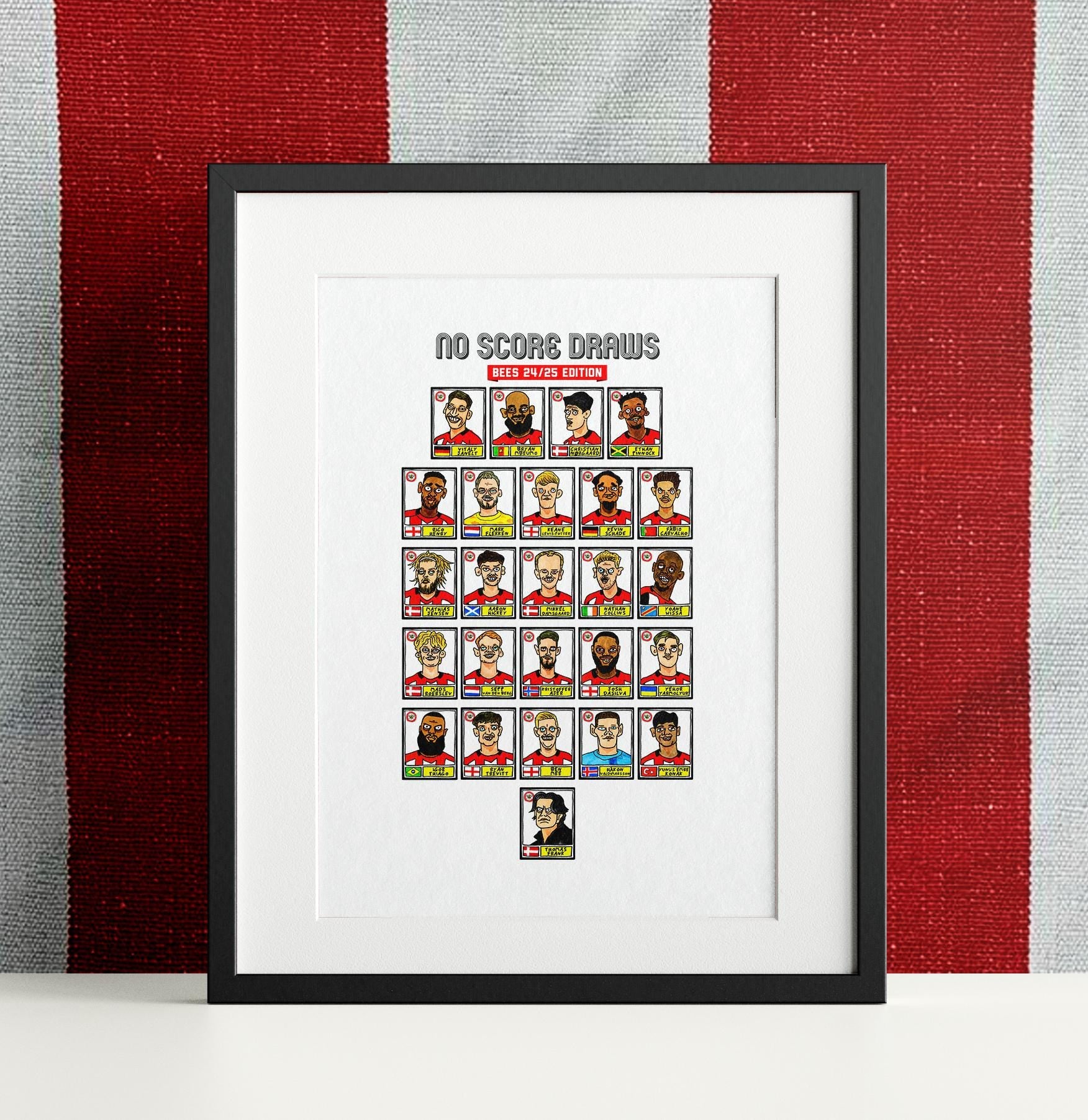 Brentford Vol 3 - No Score Draws Bees 24/25 Edition - A3 print of 25 hand-drawn Panini-style Doodles Of Thomas Frank's Brentford 24/25 Squad