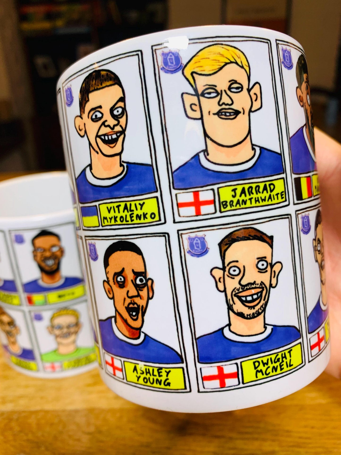 Everton Vol 2 No Score Draws Mug Set - Set of TWO DIFFERENT 11oz Mugs with Wonky Panini-Doodles of Sean Dyche's 24/25 Toffees Everton Squad