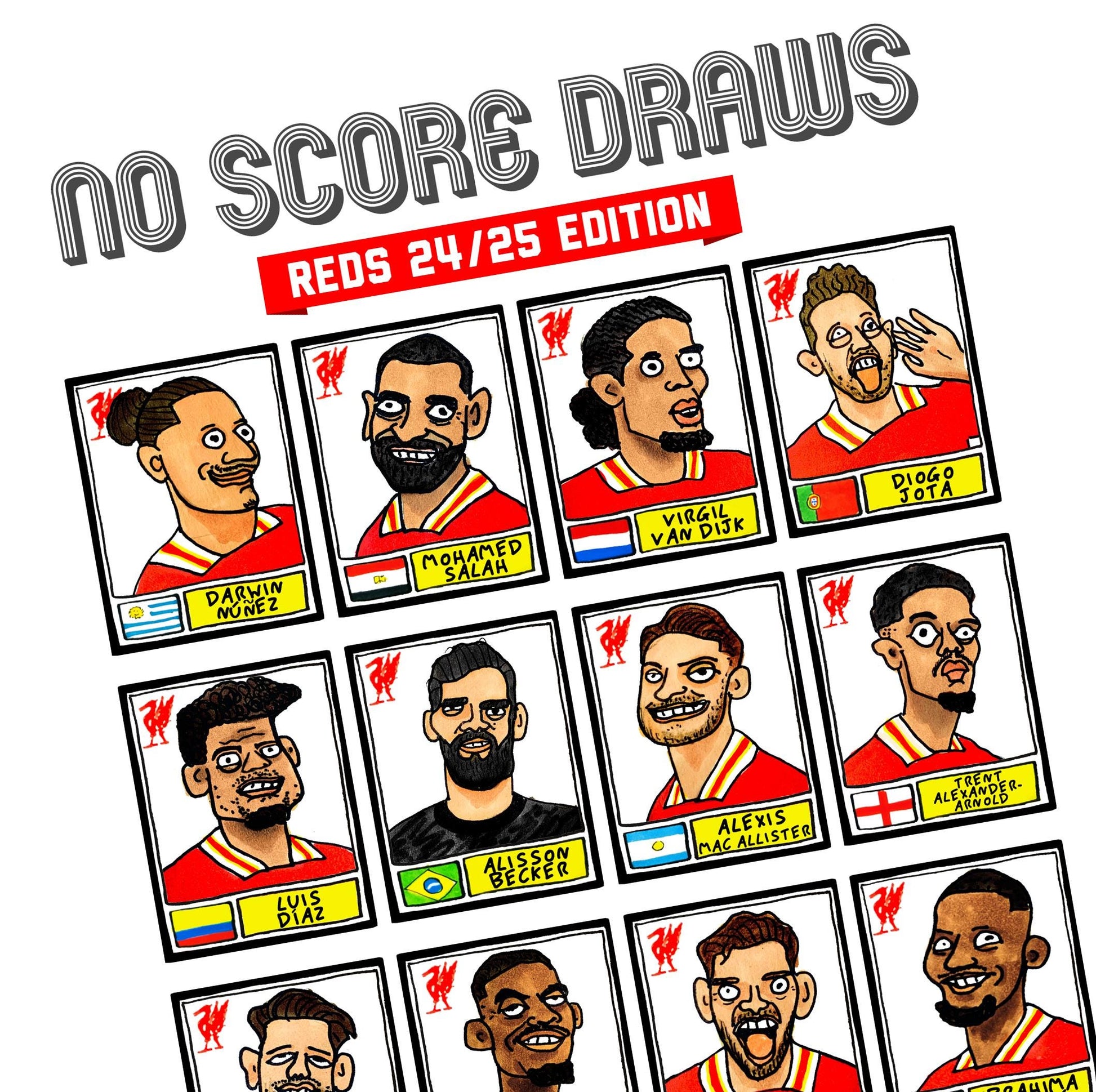 Liverpool Vol 6 - No Score Draws Reds 24-25 Edition - A3 print of 24 hand-drawn Panini-style Doodles of Arne Slot's LFC 24-25 EPL Squad