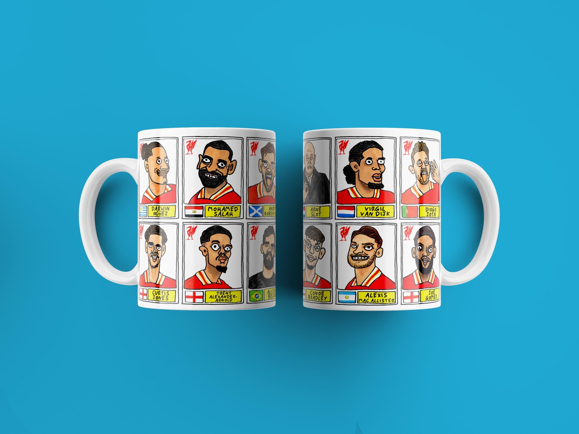 Liverpool Vol 6 24-25 No Score Draws Mug Set - Set of TWO DIFFERENT 11oz Ceramic Mugs with 24 Wonky Panini sticker-style LFC FootballDoodles