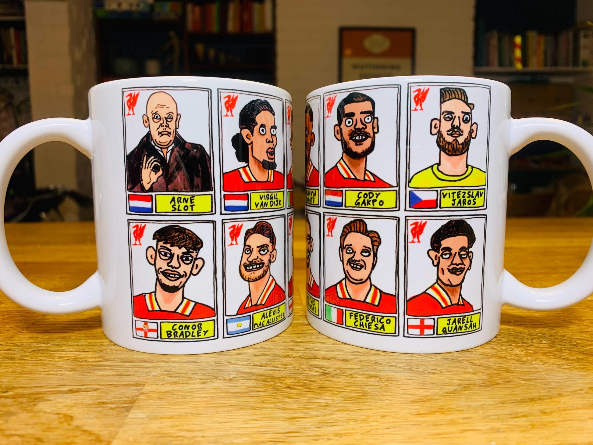 Liverpool Vol 6 24-25 No Score Draws Mug Set - Set of TWO DIFFERENT 11oz Ceramic Mugs with 24 Wonky Panini sticker-style LFC FootballDoodles