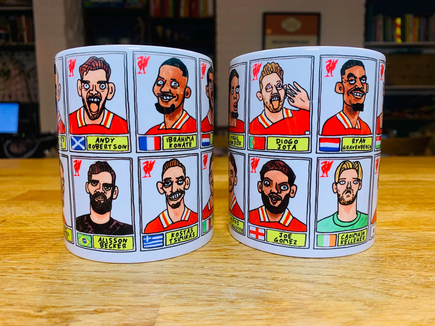 Liverpool Vol 6 24-25 No Score Draws Mug Set - Set of TWO DIFFERENT 11oz Ceramic Mugs with 24 Wonky Panini sticker-style LFC FootballDoodles