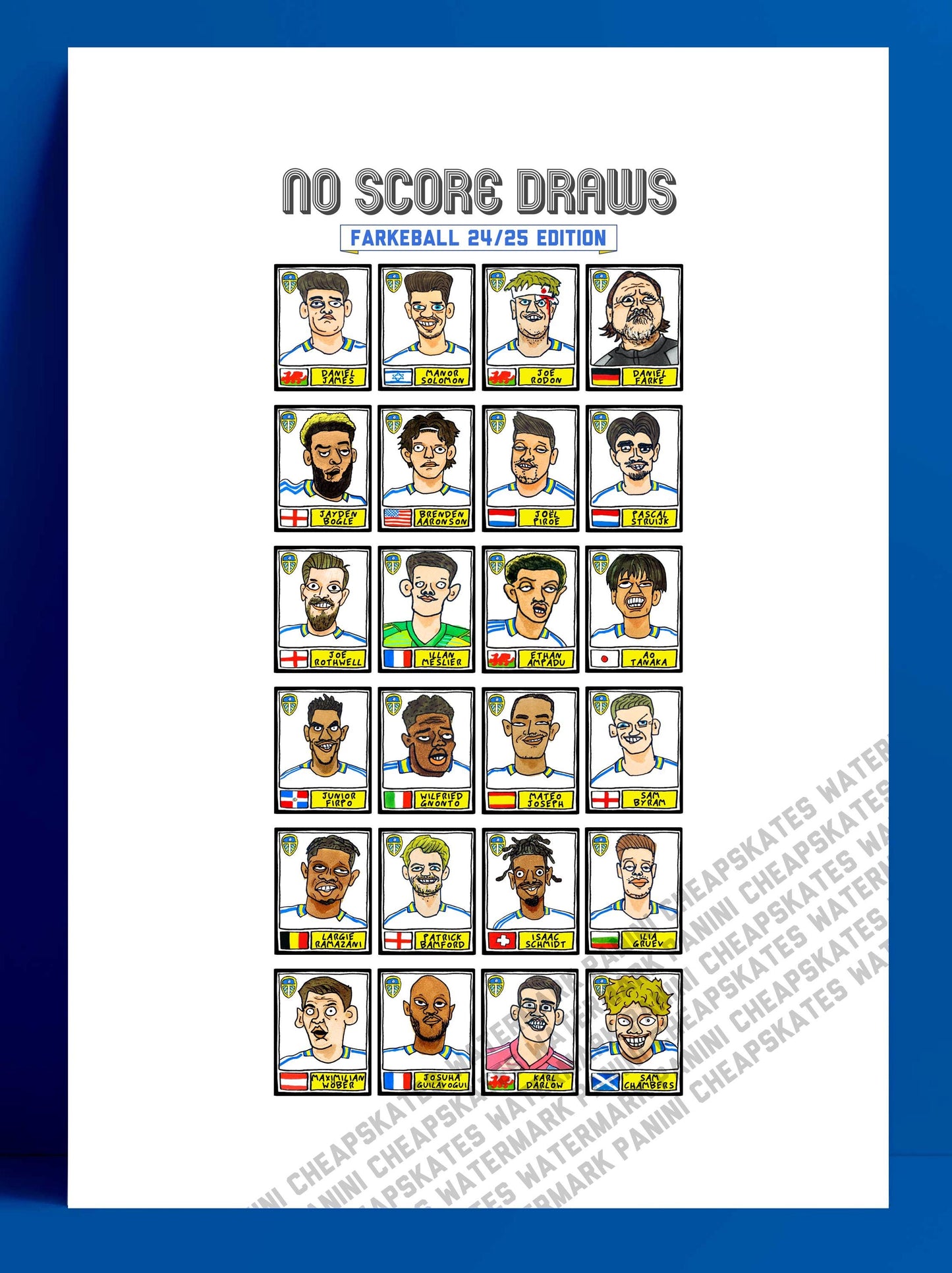 Leeds Utd Volume 3 - No Score Draws Farkeball Edition - A3 print of 26 hand-drawn Panini-style wonky LUFC Doodles of Leeds United 23/24 Team