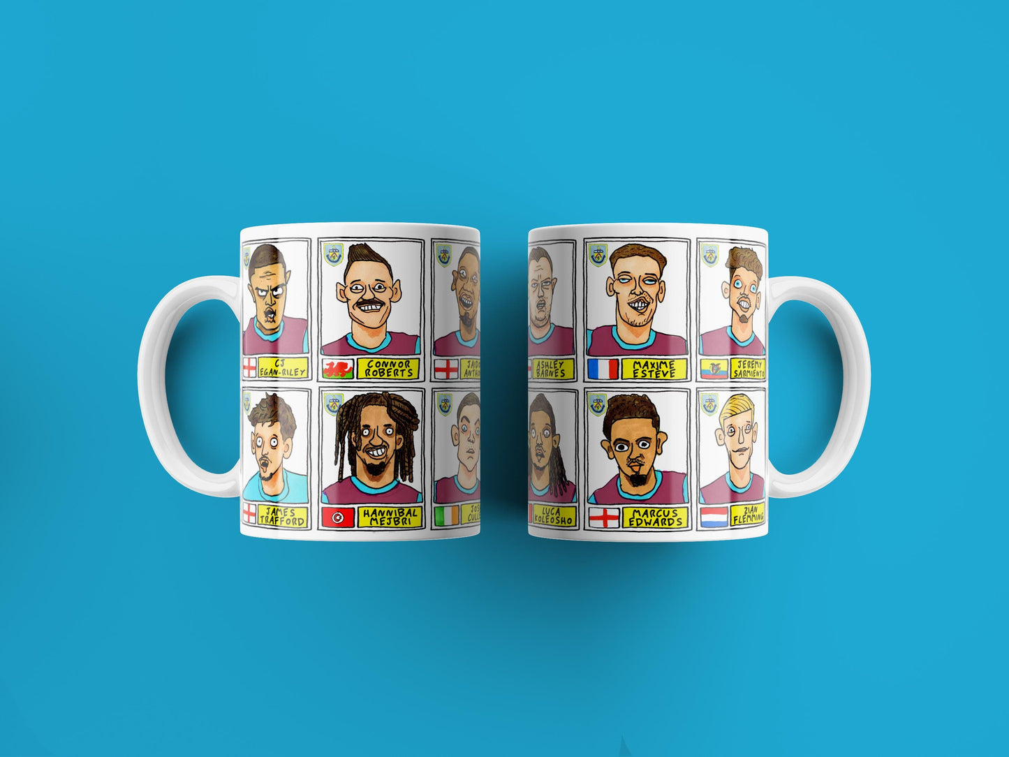 Burnley Vol 3 No Score Draws Mug Set - Set of TWO DIFFFERENT 11oz Ceramic Mugs with Wonky Panini-Doodles Of Burnley's 24/25 Promotion Squad