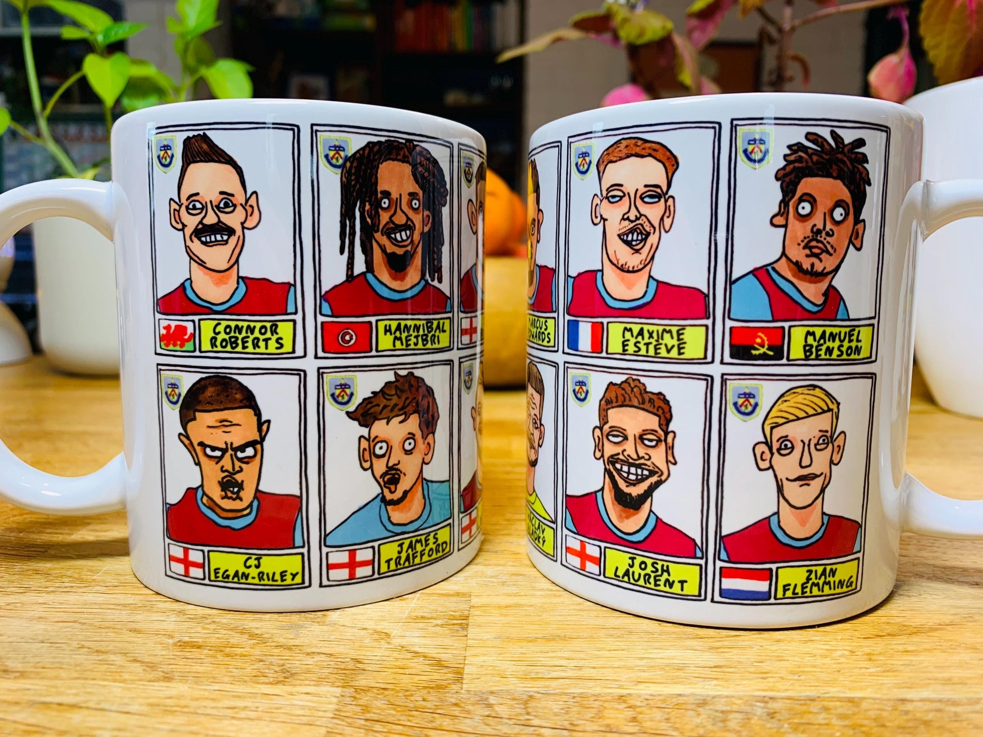 Burnley Vol 3 No Score Draws Mug Set - Set of TWO DIFFFERENT 11oz Ceramic Mugs with Wonky Panini-Doodles Of Burnley's 24/25 Promotion Squad