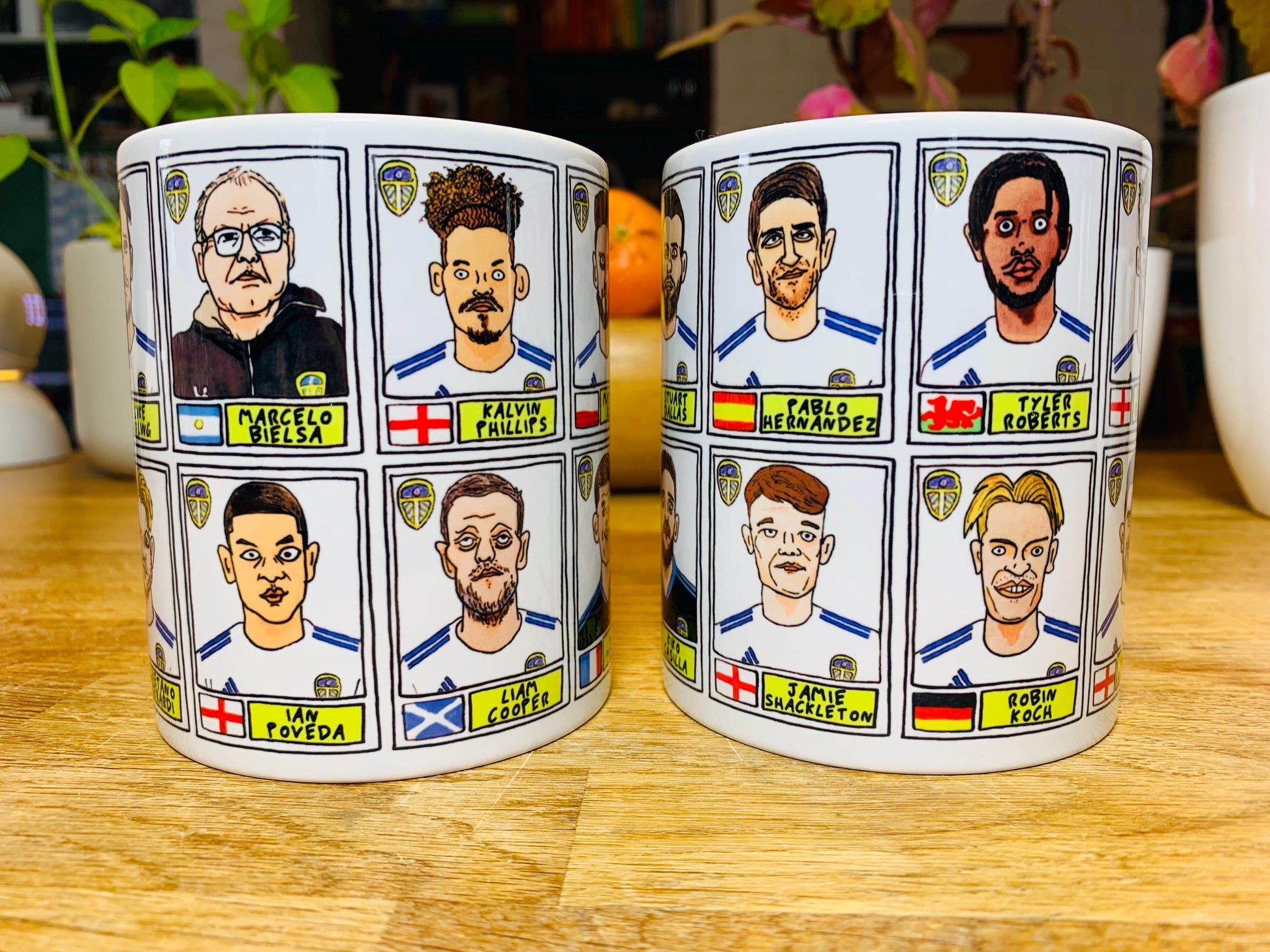 Leeds United Vol 2 No Score Draws Mug Set - Set of TWO 11oz Ceramic Mugs with Wonky Panini-style No Score Draws Doodles of Bielsa's LUFC