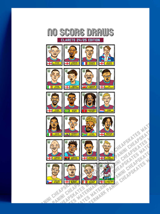 Burnley Volume 3 - No Score Draws Clarets 24/25 Edition - A3 print of 24 hand-drawn Panini-doodles Of Scott Parkers BFC Promotion-Winners