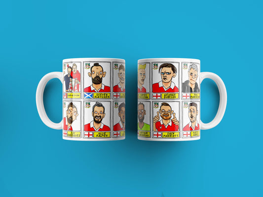 Wrexham Vol 4 No Score Draws Mug Set - Set of TWO DIFFERENT 11oz Ceramic Mugs with Wonky Panini-Doodles Of WFC's 24/25 Promotion Squad