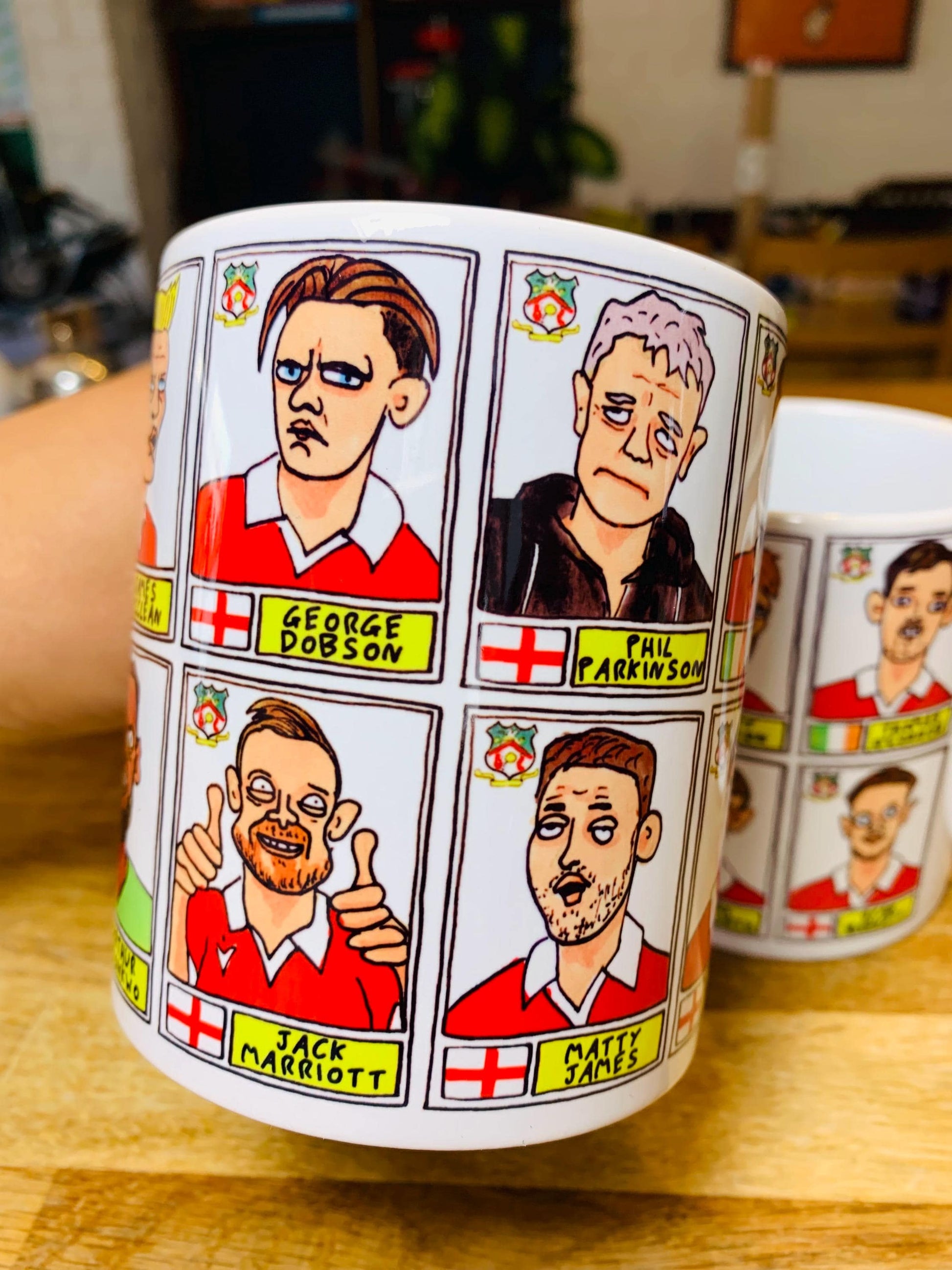 Wrexham Vol 4 No Score Draws Mug Set - Set of TWO DIFFERENT 11oz Ceramic Mugs with Wonky Panini-Doodles Of WFC's 24/25 Promotion Squad
