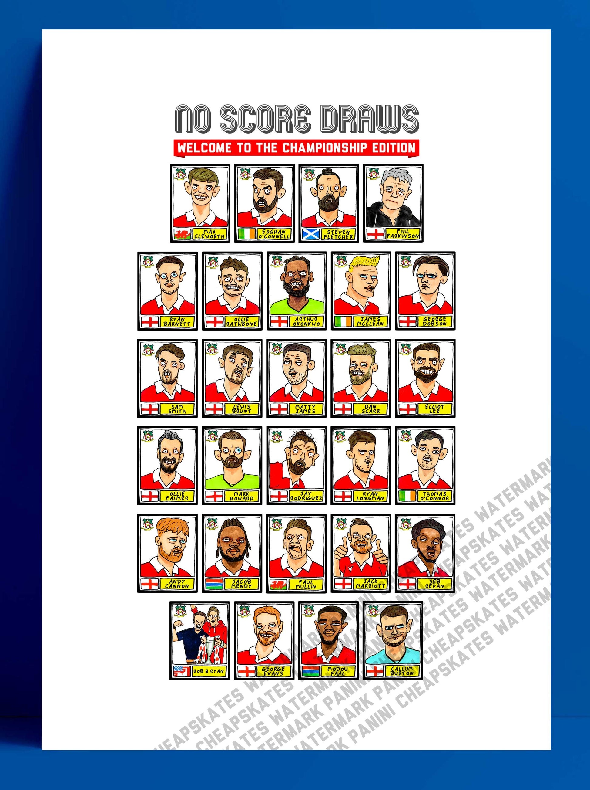Wrexham Vol 4 - No Score Draws Welcome To The Championship Edition - A3 print of 24 hand-drawn Panini-doodles Of WFC's 24/25 Promotion Squad