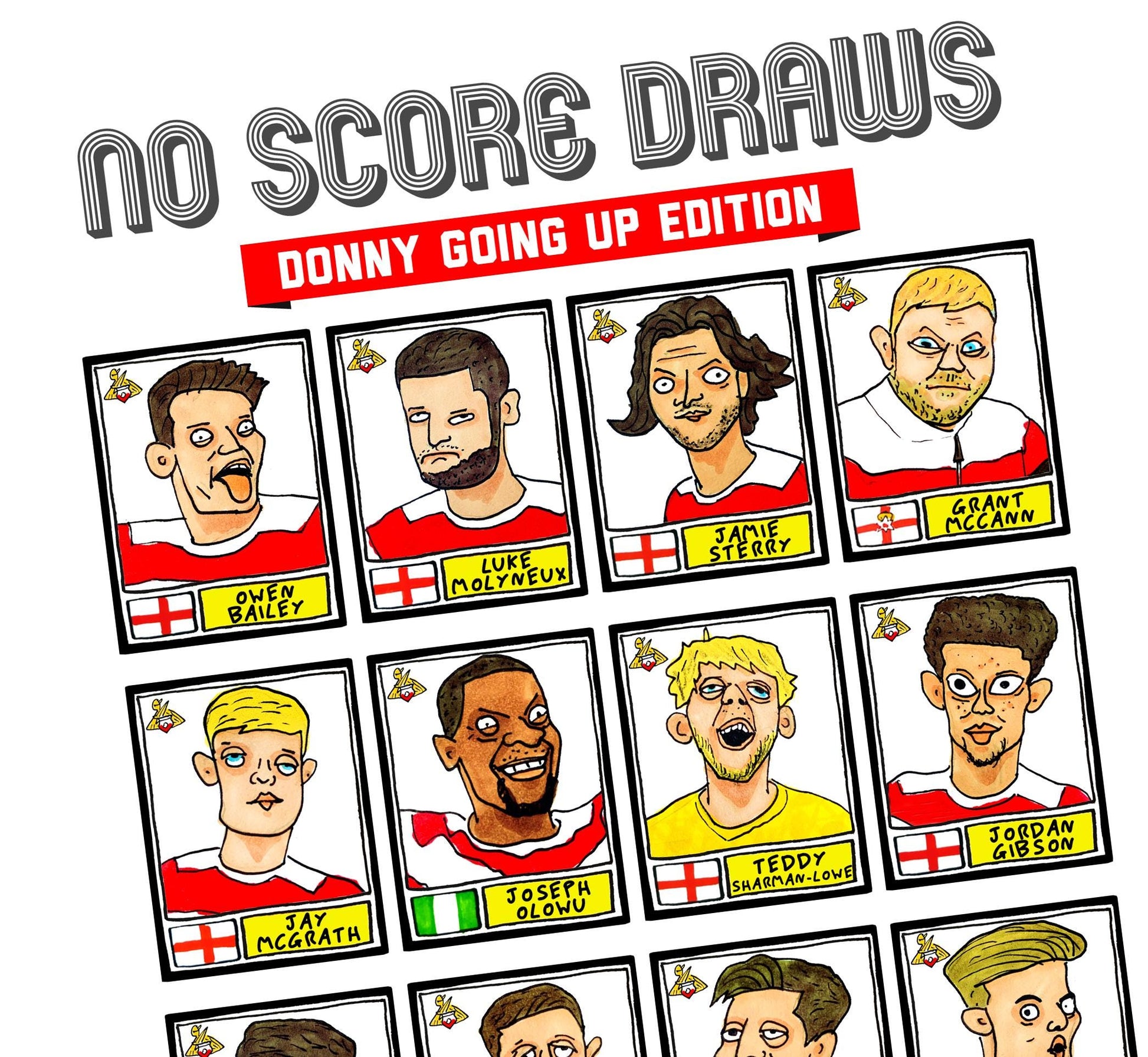 Doncaster Rovers - No Score Draws Donny Going Up Edition - A3 print of 24 hand-drawn Panini-doodles Of DRFC's 24/25 Promotion Squad