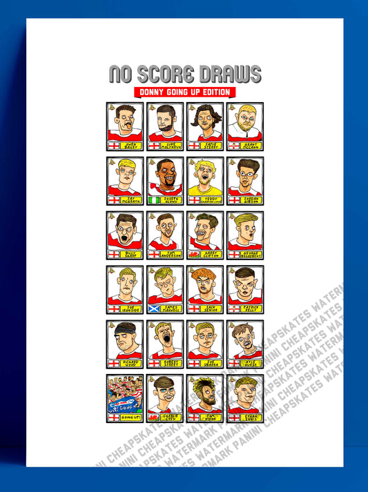 Doncaster Rovers - No Score Draws Donny Going Up Edition - A3 print of 24 hand-drawn Panini-doodles Of DRFC's 24/25 Promotion Squad