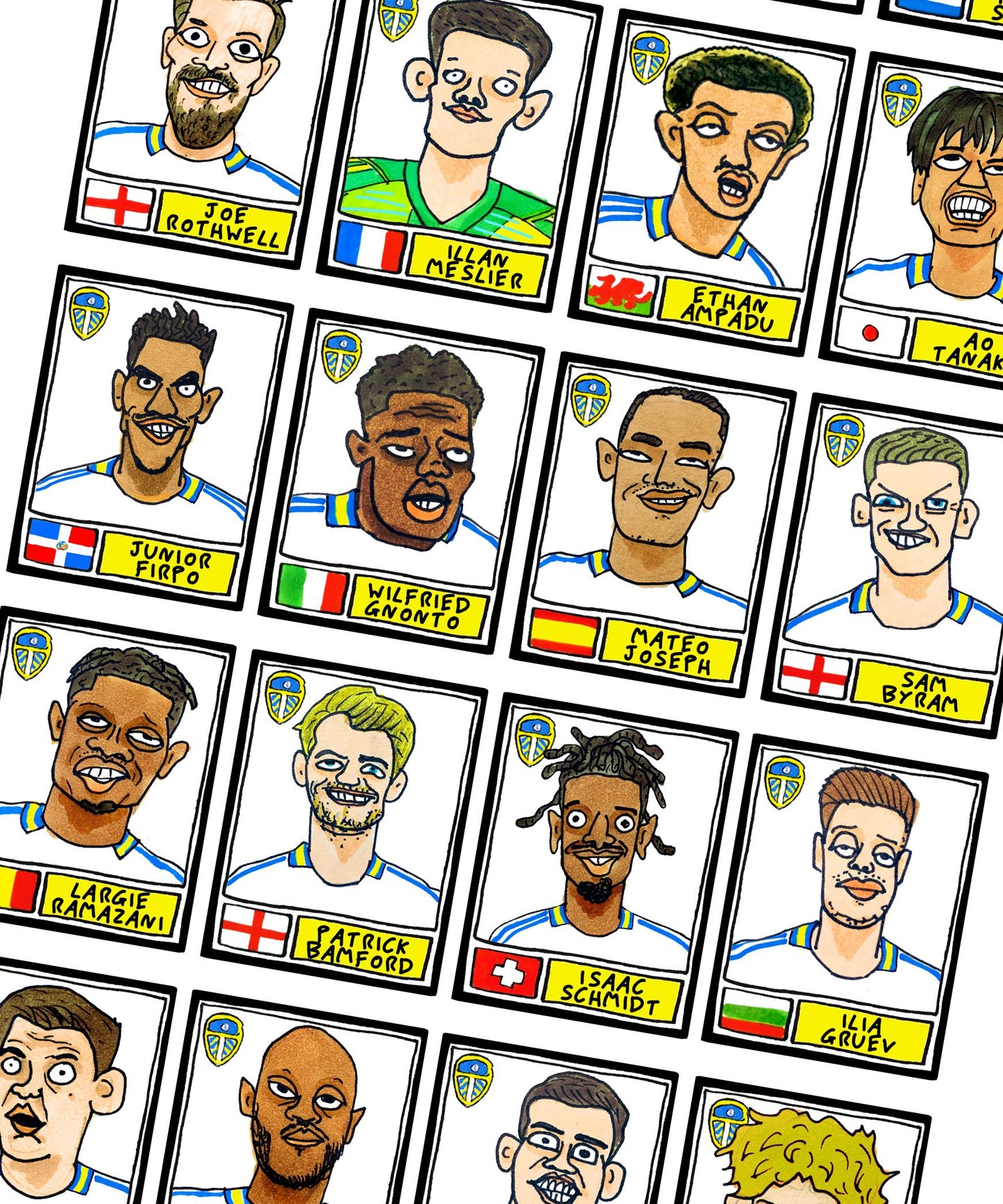 Leeds Utd Volume 3 - No Score Draws Farkeball Edition - A3 print of 26 hand-drawn Panini-style wonky LUFC Doodles of Leeds United 23/24 Team