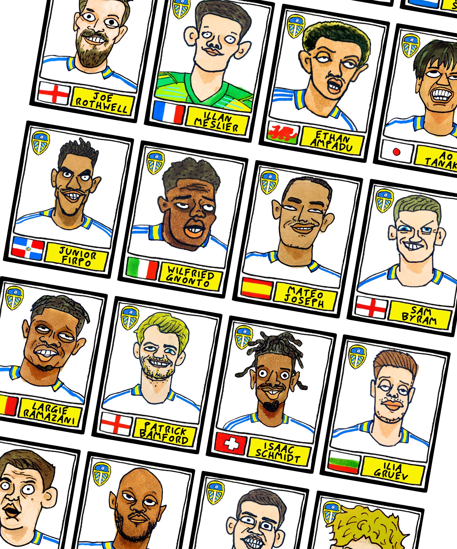 Leeds Utd Volume 3 - No Score Draws Farkeball Edition - A3 print of 26 hand-drawn Panini-style wonky LUFC Doodles of Leeds United 23/24 Team