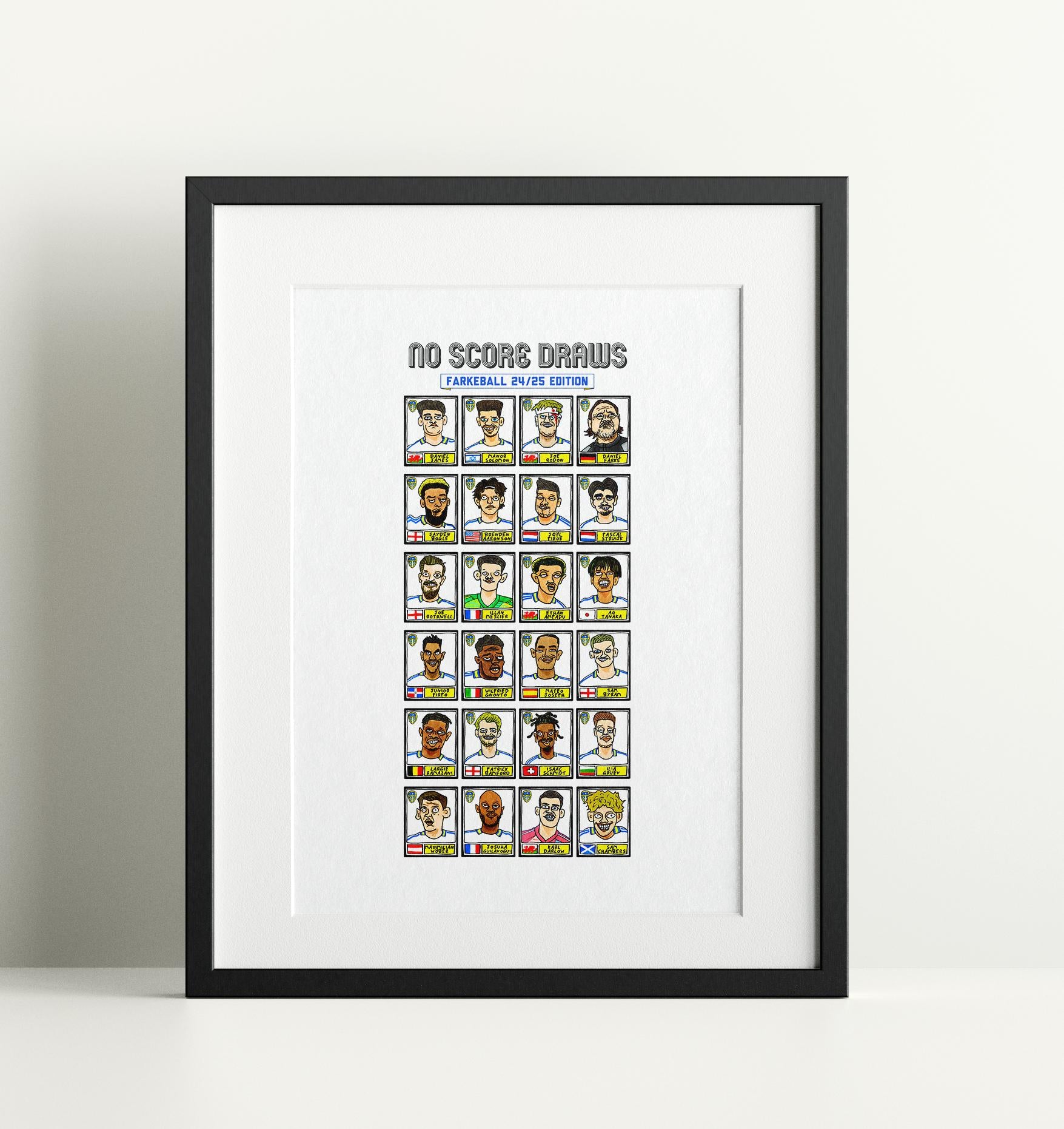 Leeds Utd Volume 3 - No Score Draws Farkeball Edition - A3 print of 26 hand-drawn Panini-style wonky LUFC Doodles of Leeds United 23/24 Team