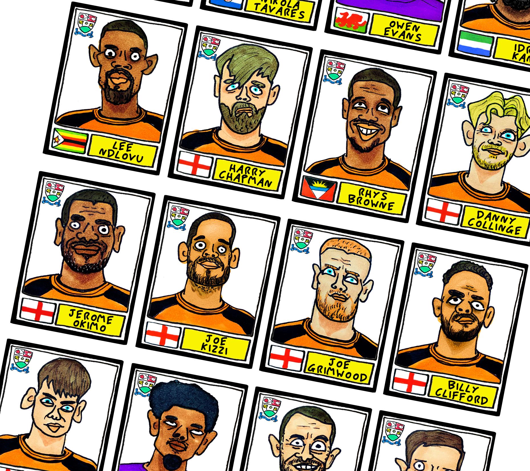 Barnet - No Score Draws The Hive Edition - A3 print of 24 Wonky Panini-style Doodles Of The Bees' 24/25 National League- Winning Squad