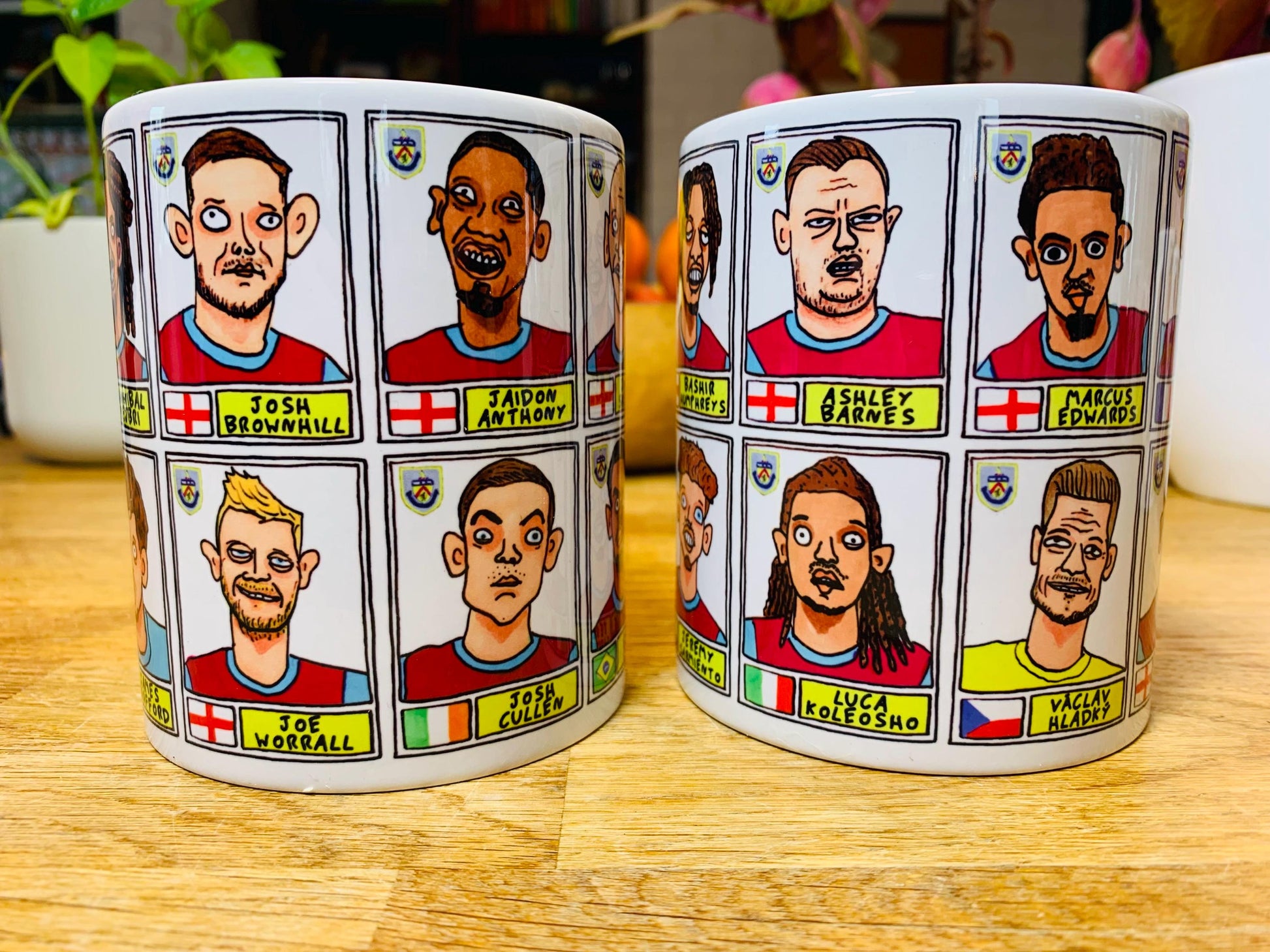 Burnley Vol 3 No Score Draws Mug Set - Set of TWO DIFFFERENT 11oz Ceramic Mugs with Wonky Panini-Doodles Of Burnley's 24/25 Promotion Squad