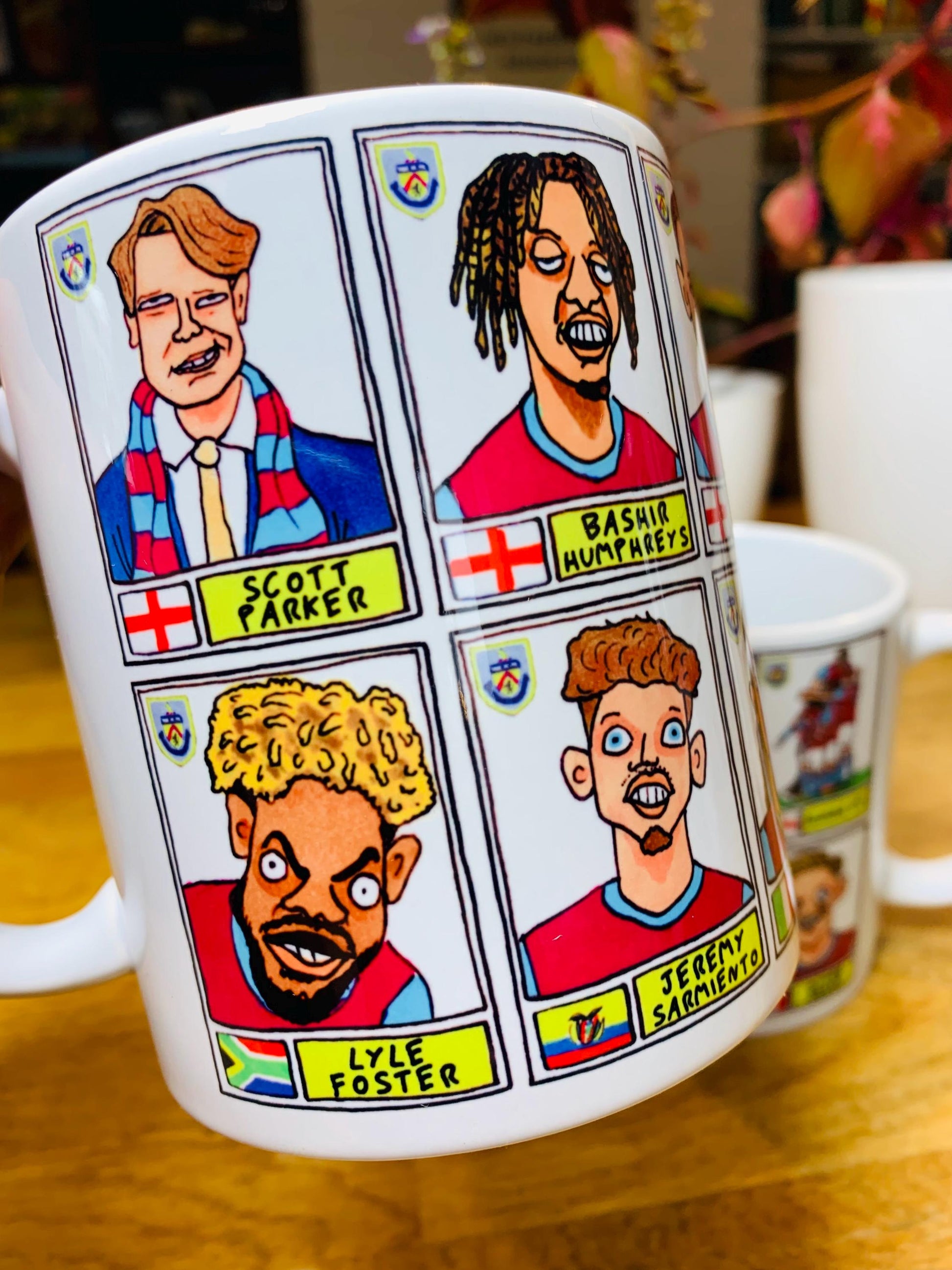 Burnley Vol 3 No Score Draws Mug Set - Set of TWO DIFFFERENT 11oz Ceramic Mugs with Wonky Panini-Doodles Of Burnley's 24/25 Promotion Squad