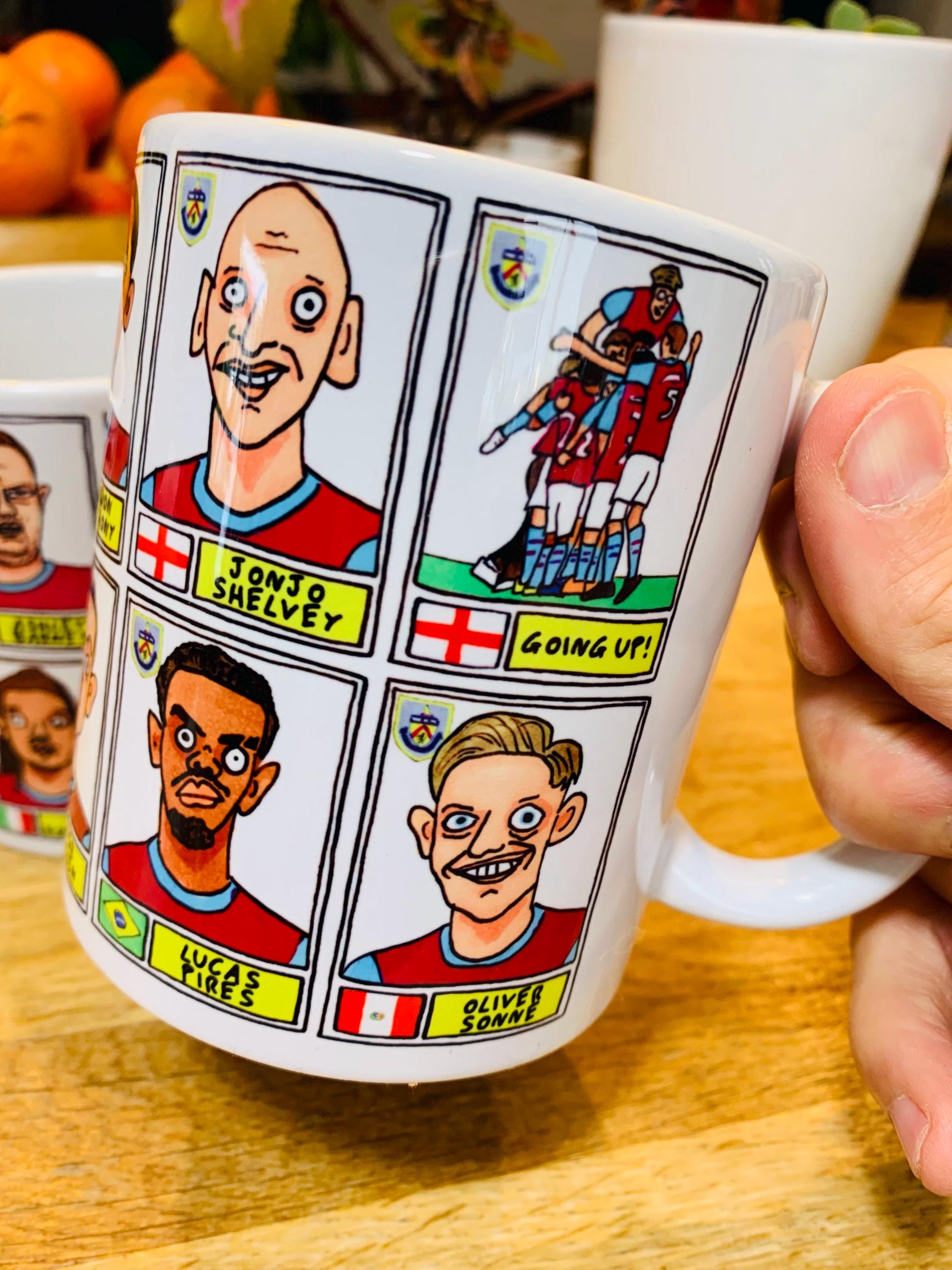 Burnley Vol 3 No Score Draws Mug Set - Set of TWO DIFFFERENT 11oz Ceramic Mugs with Wonky Panini-Doodles Of Burnley's 24/25 Promotion Squad