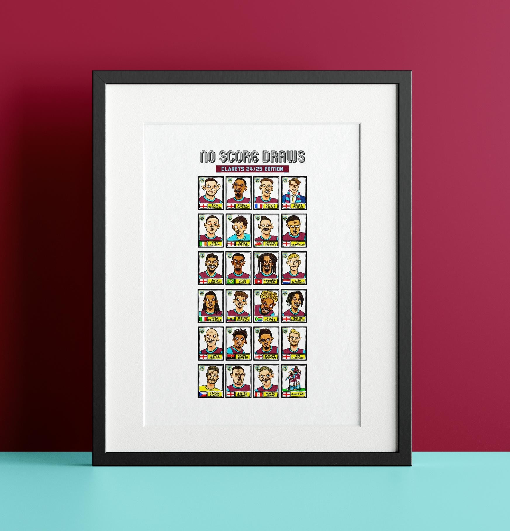 Burnley Volume 3 - No Score Draws Clarets 24/25 Edition - A3 print of 24 hand-drawn Panini-doodles Of Scott Parkers BFC Promotion-Winners