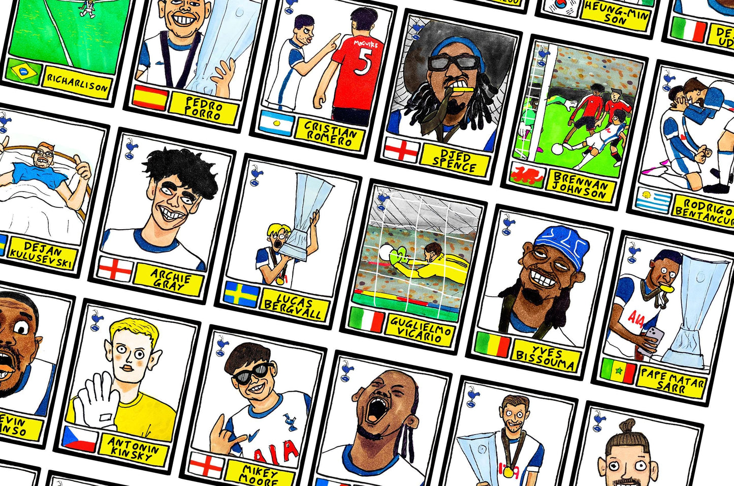 Spurs Volume 5 - No Score Draws Bilbao '25 Edition - A3 print of 31 Wonky Panini-style football doodles of Big Ange's Europa League-Winners