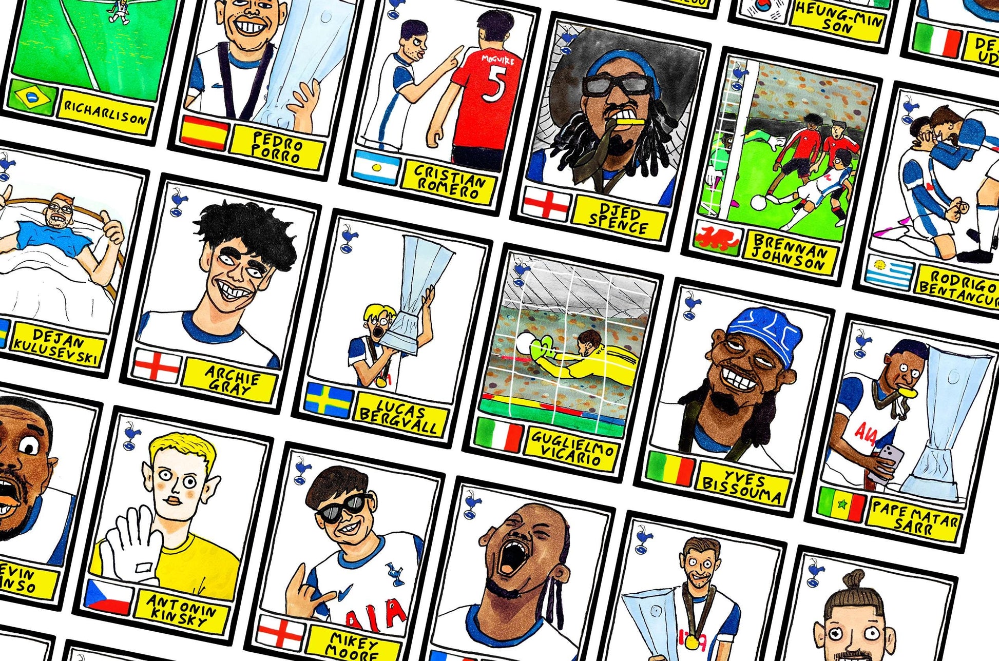 Spurs Volume 5 - No Score Draws Bilbao '25 Edition - A3 print of 31 Wonky Panini-style football doodles of Big Ange's Europa League-Winners
