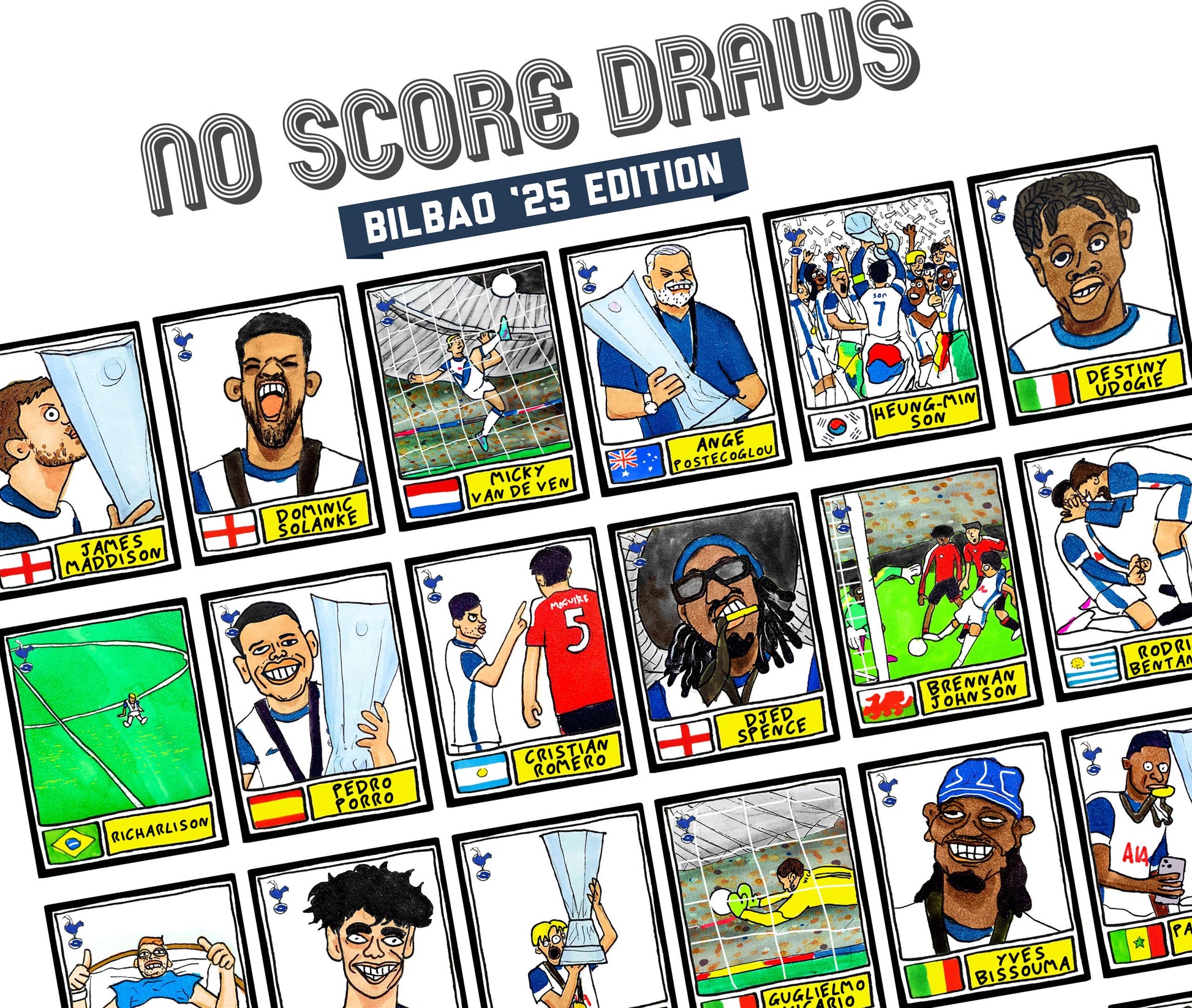 Spurs Volume 5 - No Score Draws Bilbao '25 Edition - A3 print of 31 Wonky Panini-style football doodles of Big Ange's Europa League-Winners